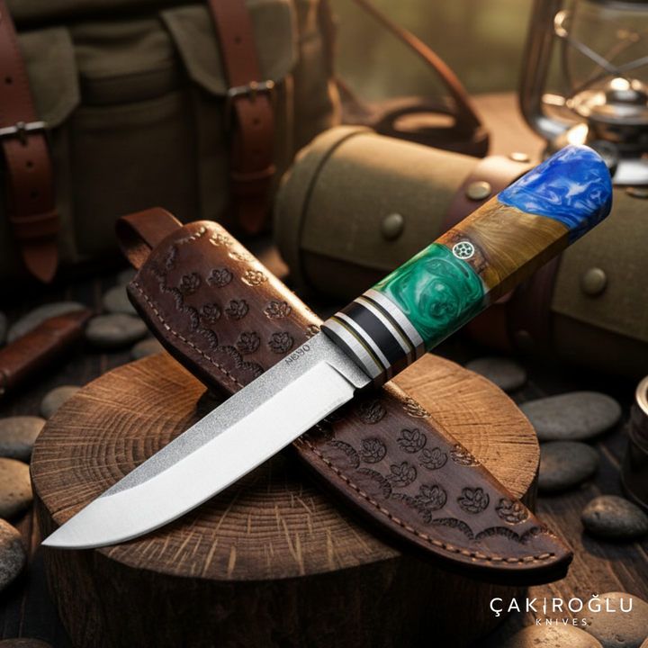 Handmade N690 Puukko Hunting Knife with Leather Sheath - Epoxy & Olive Wood Handle