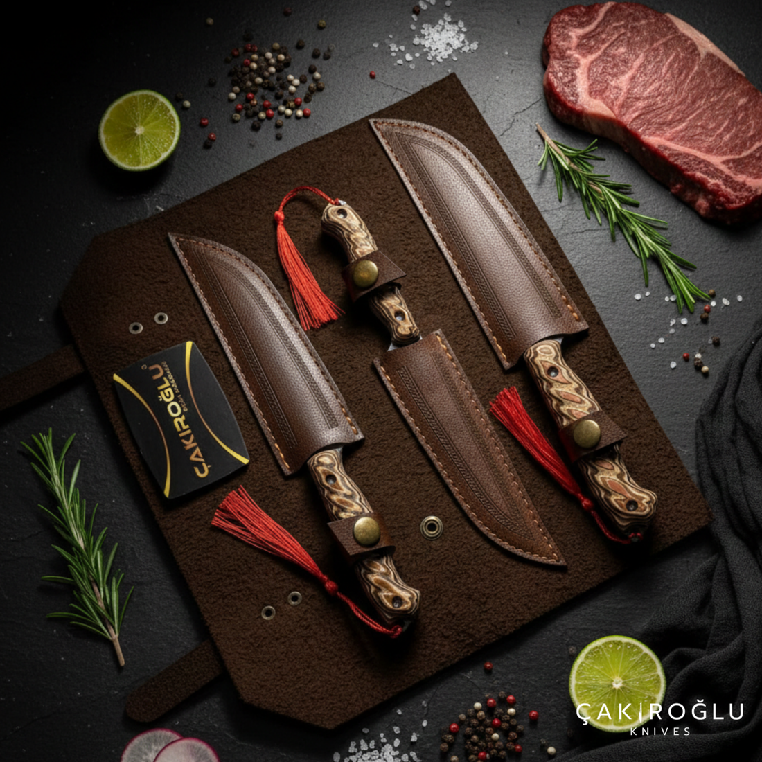 3-Piece N690 Steel Handmade Kitchen Knife Set with Sheath