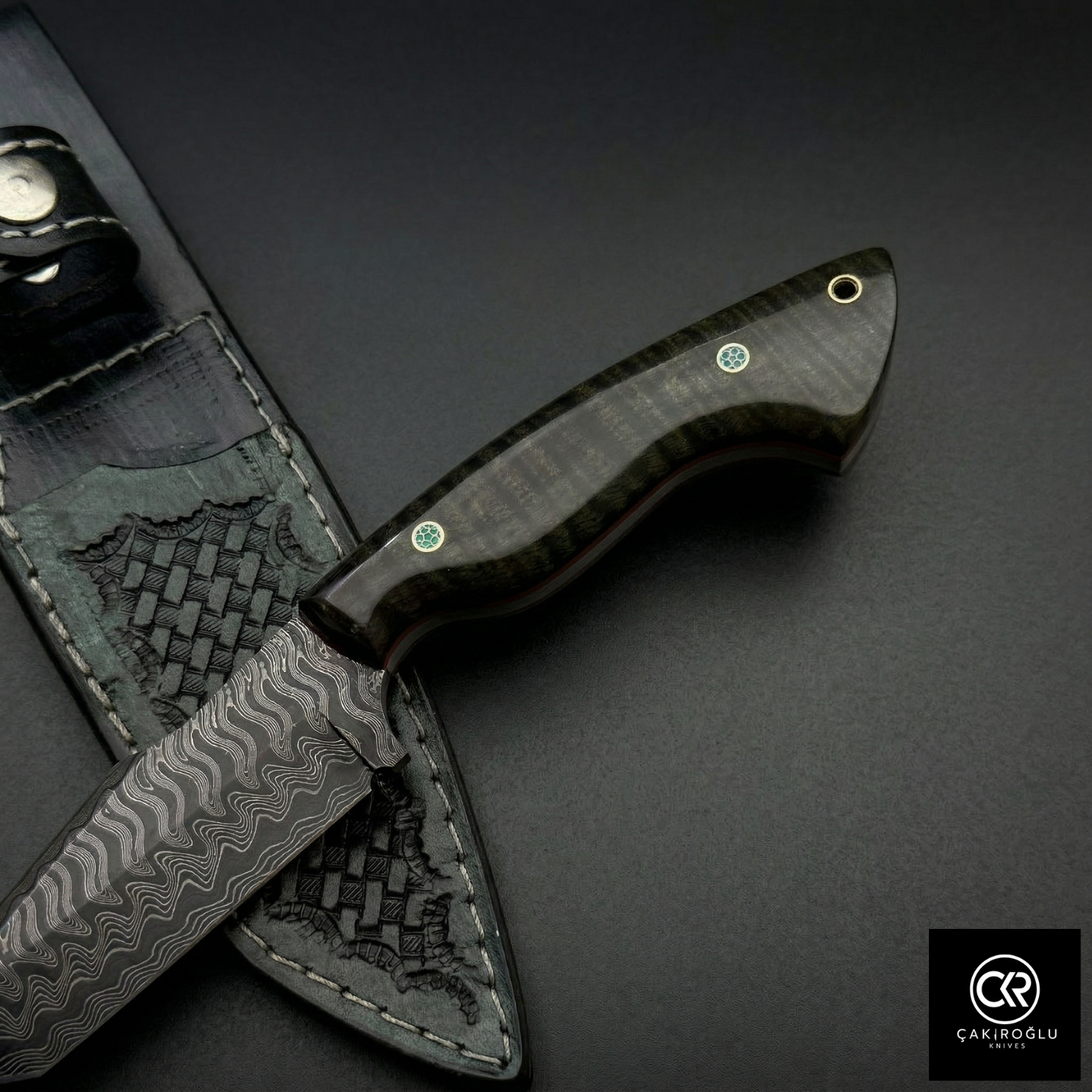 Çakıroğlu Handmade Custom-made Damascus Steel & Stabilized Tulipwood Handle Tanto Model Hunting Knife