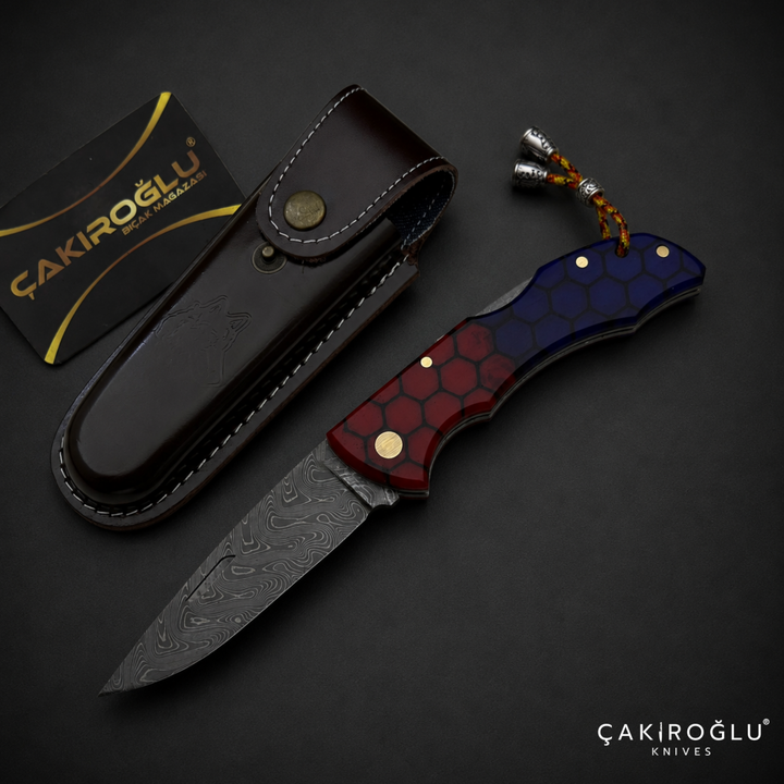 Handmade Honeycomb & Damascus Pocket Knife - Forged Folding Knife