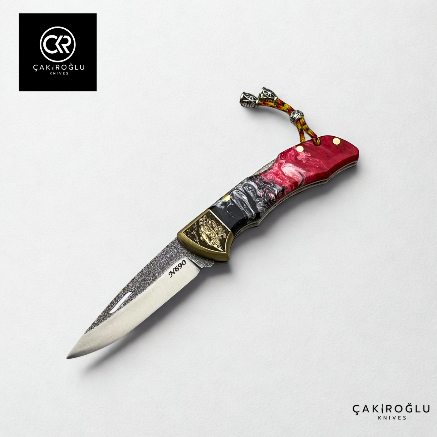 Showy Elite Epoxy Version Handcrafted Custom Folding Knife - N690 Böhler Steel & Engraved Brass Apron