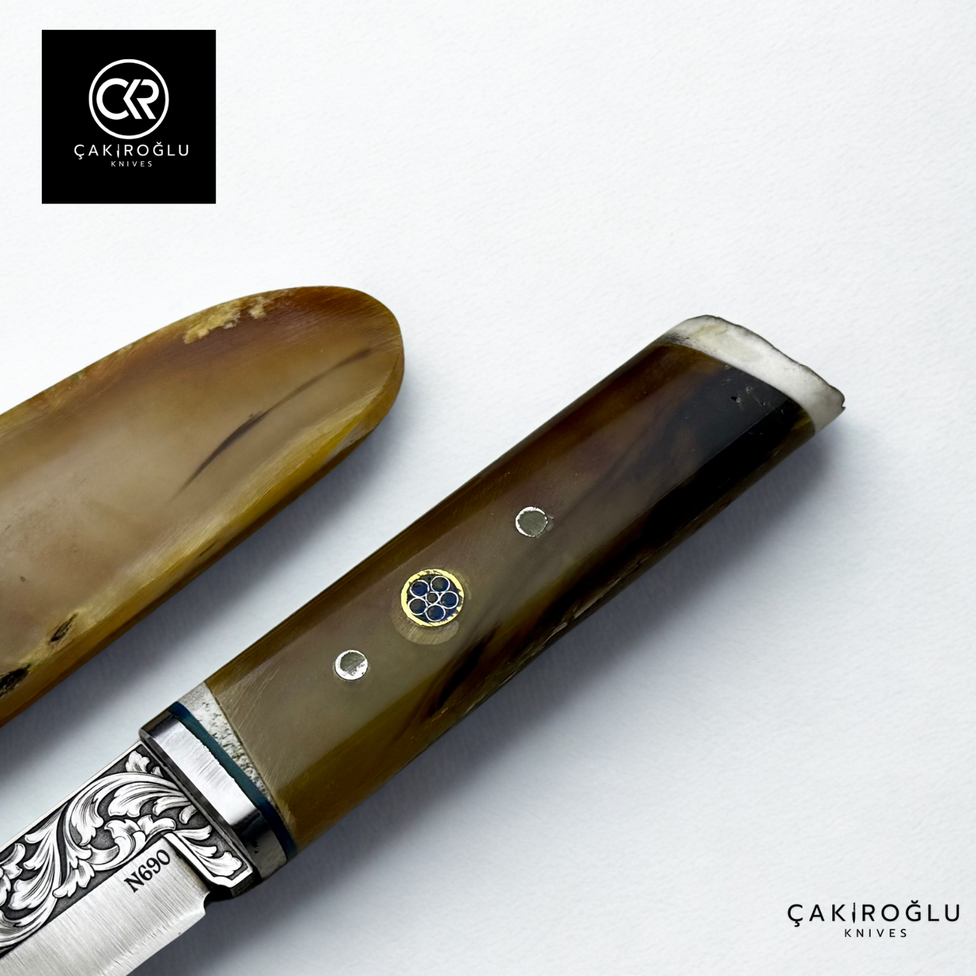 Custom Engraved Knife with Bone Stand - Bone (Ram Horn) Handle