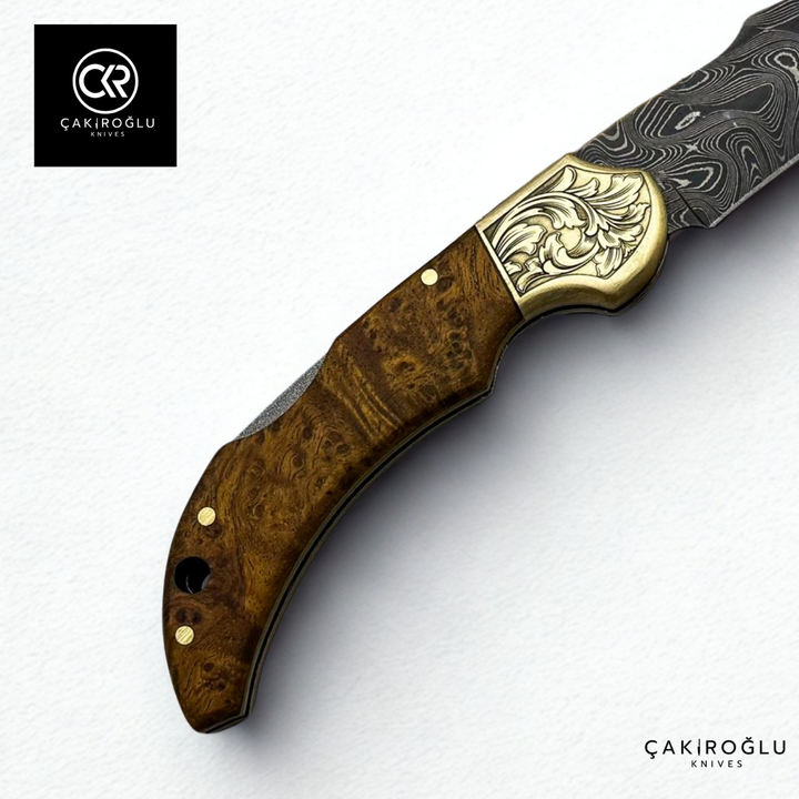 Handcrafted Custom Folding Knife - Damascus Steel & Stabilized Handle