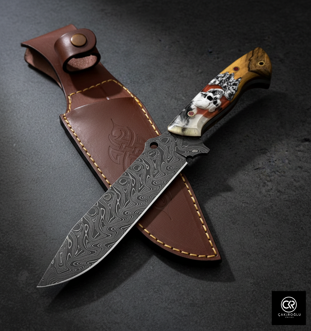 Handcrafted Damascus Steel Custom Knife - Epoxy Hybrid Handle