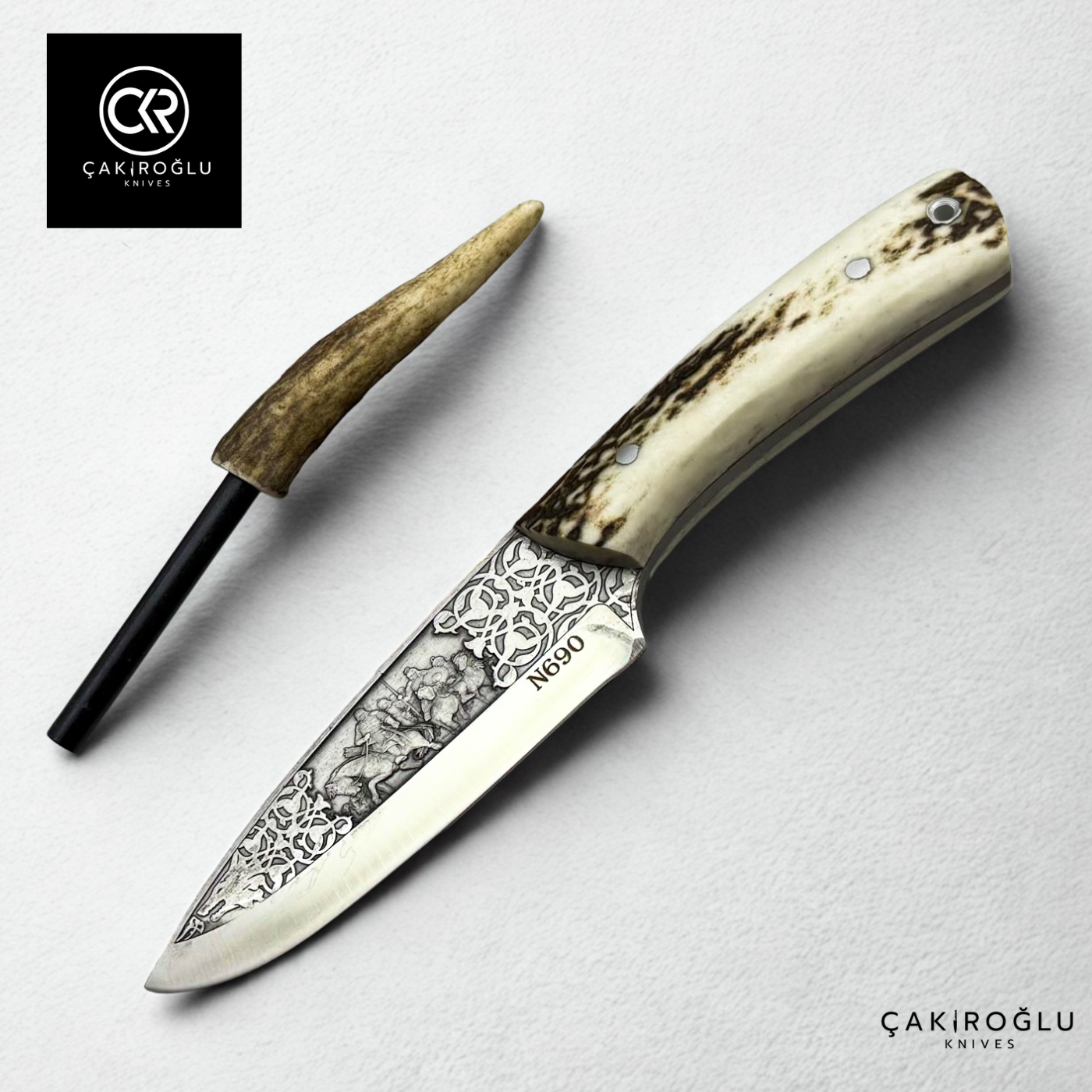 Handcrafted Custom Engraved Hunting Knife & Special Deer Antler and Magnesium Bar