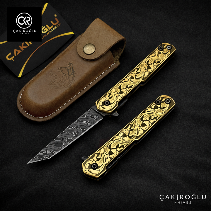 Handmade Damascus Pocket Folding Knife, Engraved Brass Handle