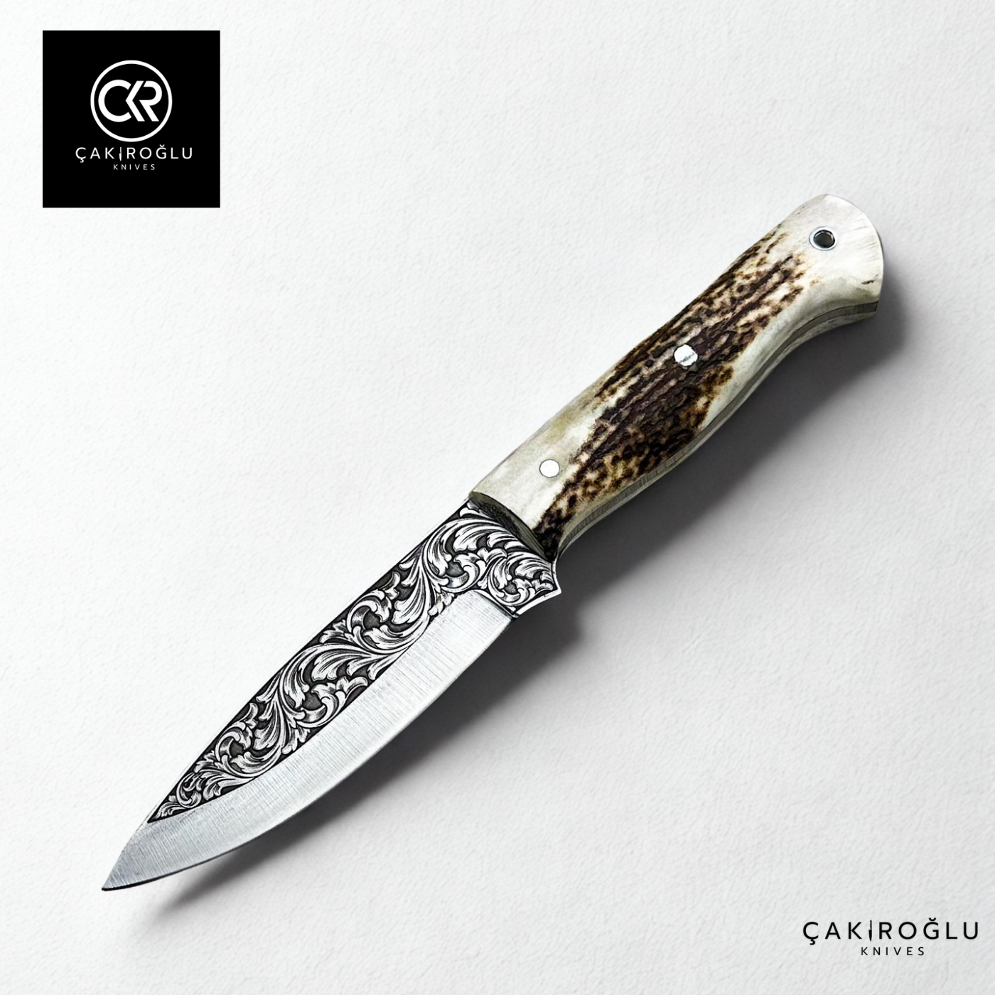 Handcrafted Custom Engraved Hunting Knife & Genuine Deer Antler Handle