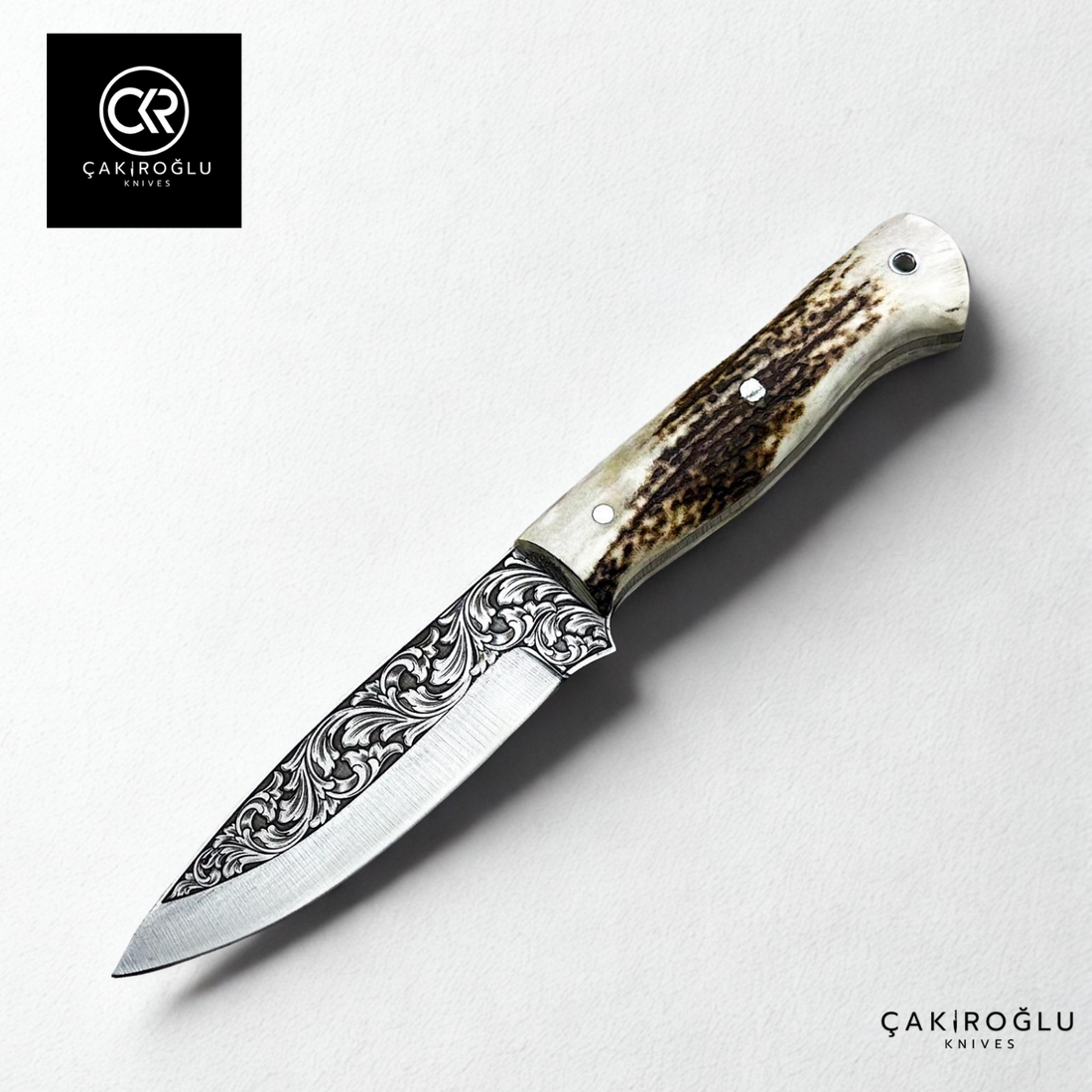 Handcrafted Custom Engraved Hunting Knife & Genuine Deer Antler Handle