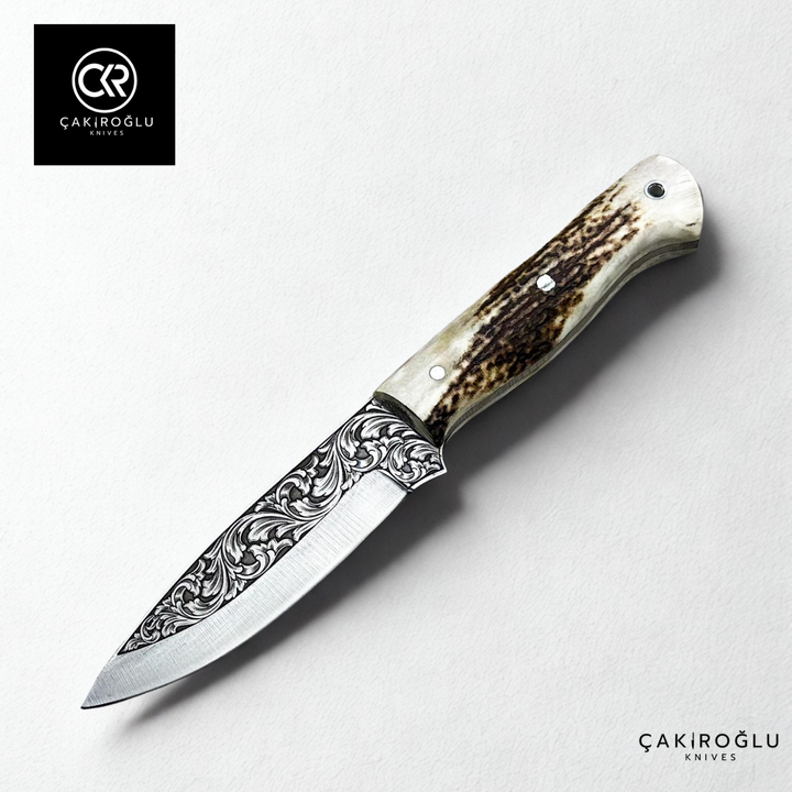 Handcrafted Custom Engraved Hunting Knife & Genuine Deer Antler Handle