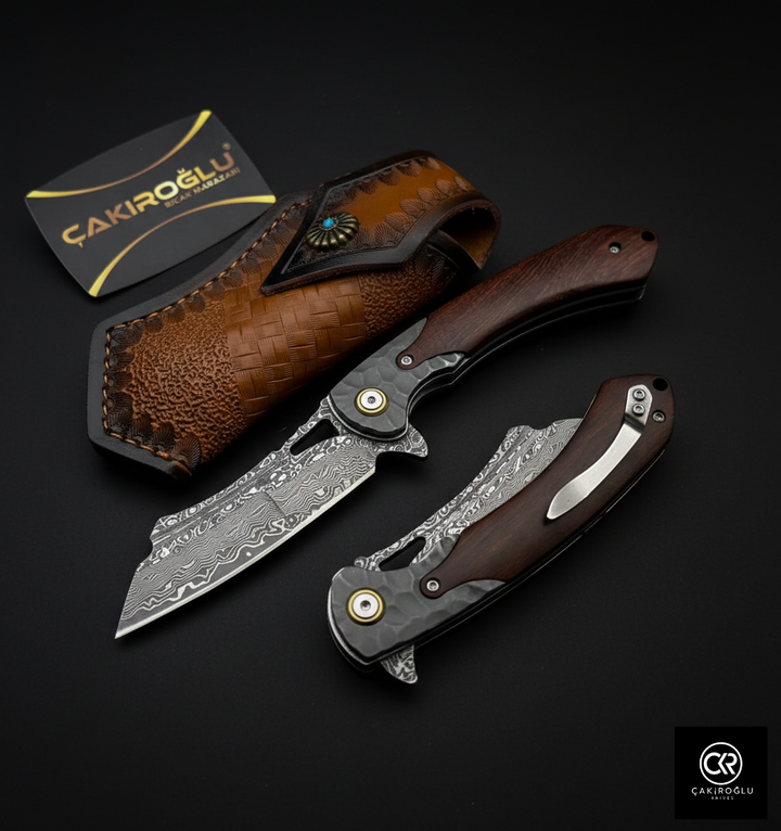 Damascus Steel Folding Knife with Cocobolo Handle