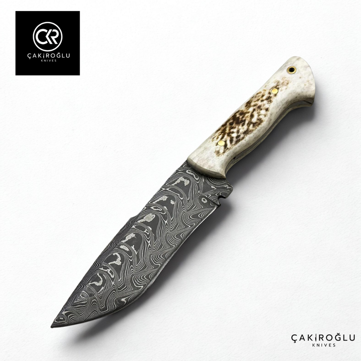Handcrafted Custom-made Damascus Steel & Deer Antler Handle Hunting Knife