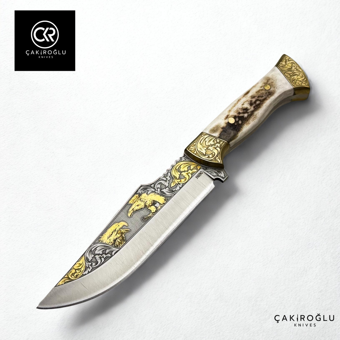 Royal Icons – Eagle | Limited Collector's Edition N690 Knife with 24K Gold Engraving & Deer Antler Handle