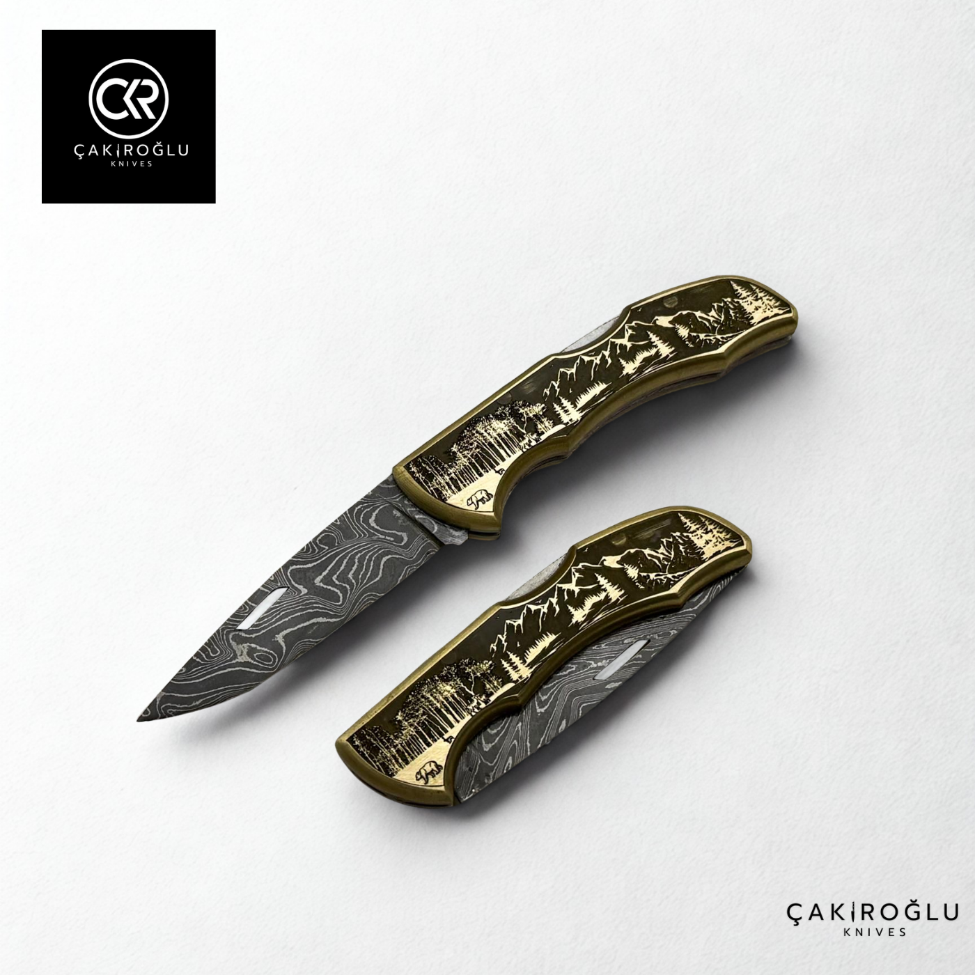 Showy Limited Edition Small Size Handcrafted Custom-made Folding Collectible Knife - Damascus Steel & Engraved Brass Handle