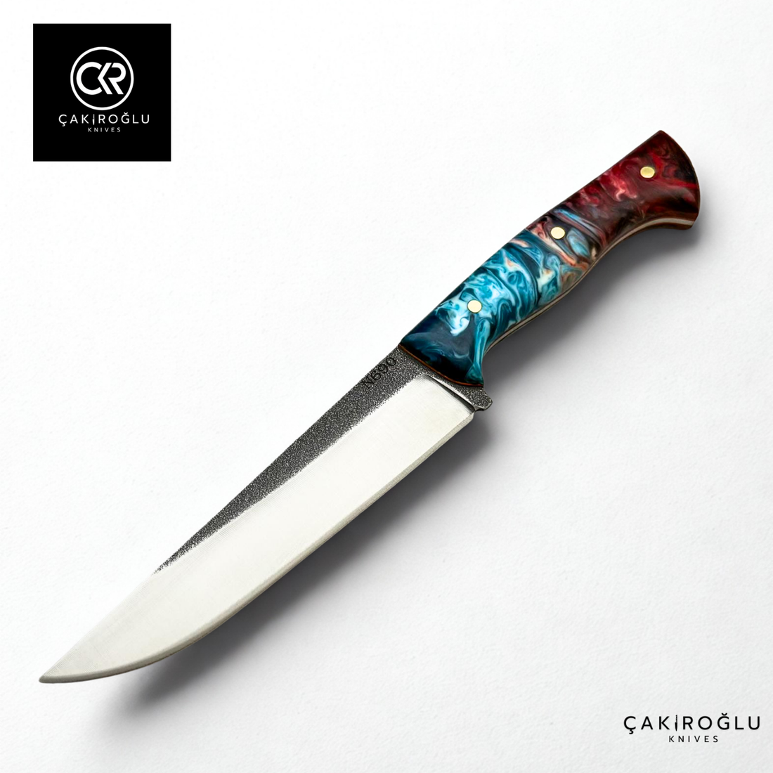 Premium Cutting Knife – N690 Böhler Steel & Epoxy Amber Handle