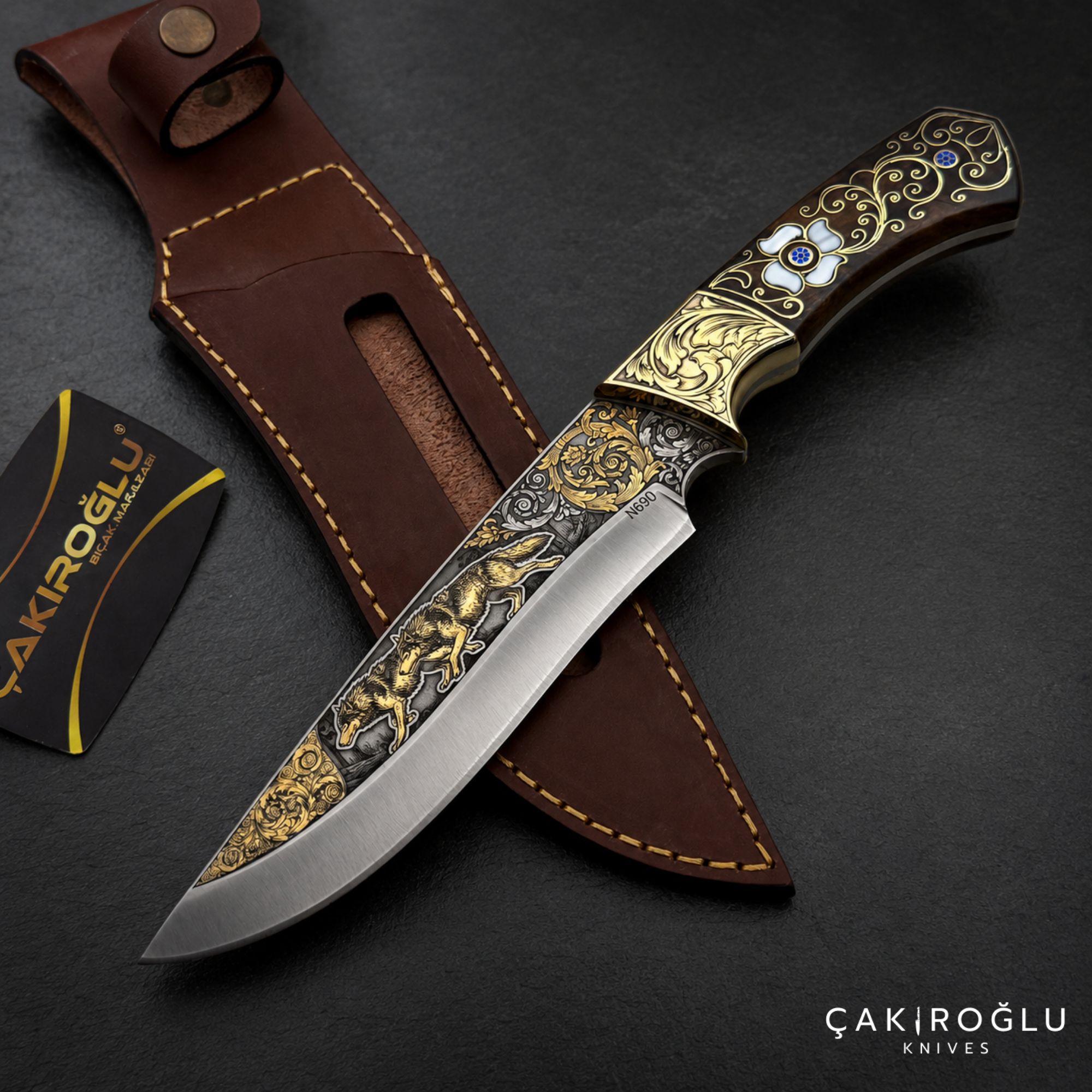 Handmade Gold Engraved N690 Hunting Knife – Walnut Handle with Mother of Pearl & Gold Details