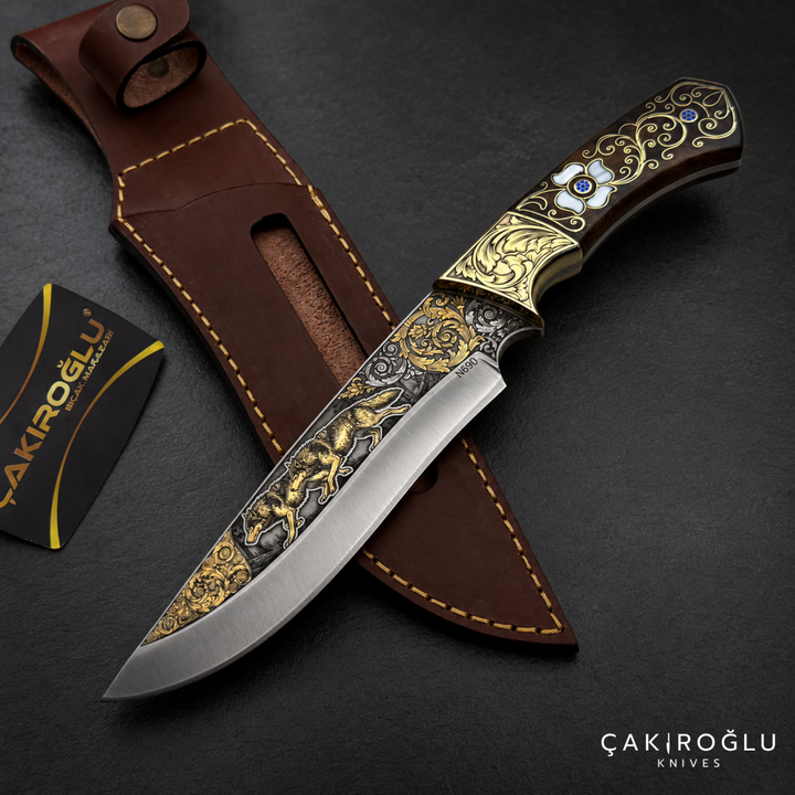Handmade Gold Engraved N690 Hunting Knife – Walnut Handle with Mother of Pearl & Gold Details
