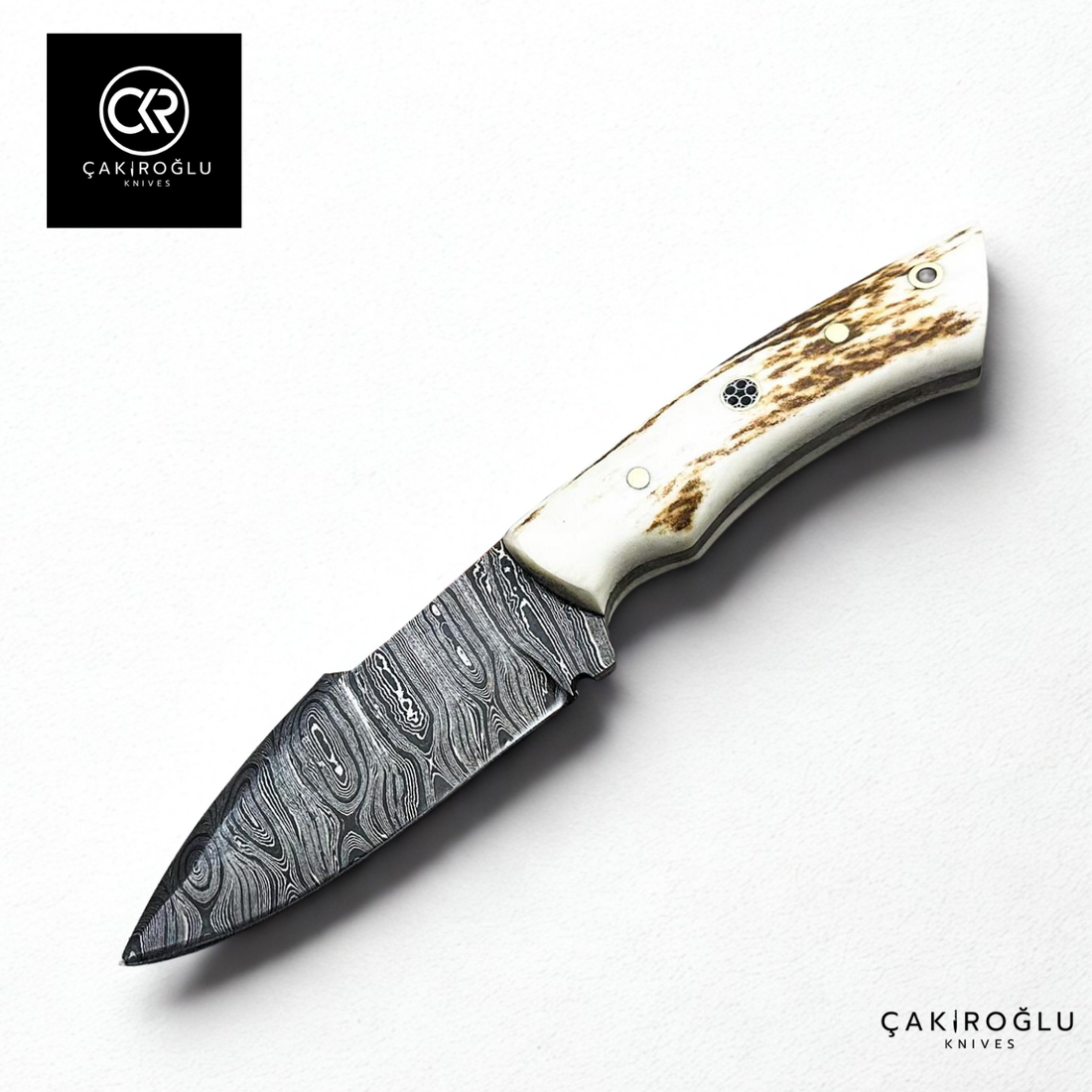 Handcrafted Custom-made Damascus Steel & Deer Antler Handle Hunting Knife