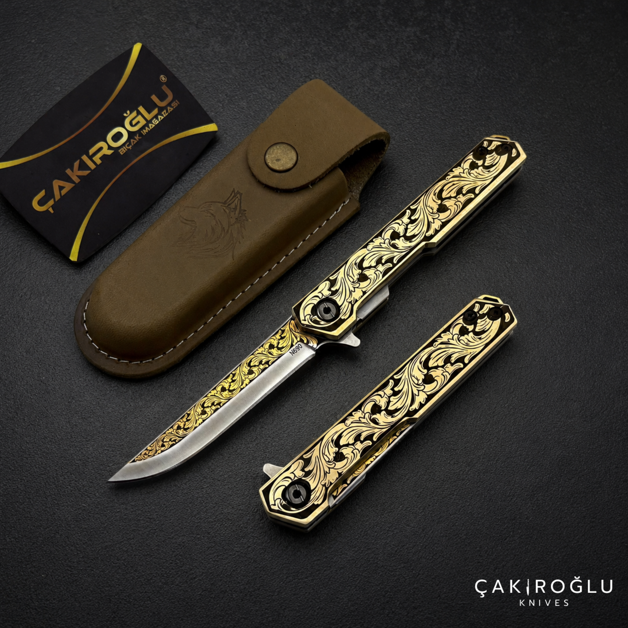 Handmade Folding Pocket Knife, N690 Gold Engraving Steel, Brass Handle