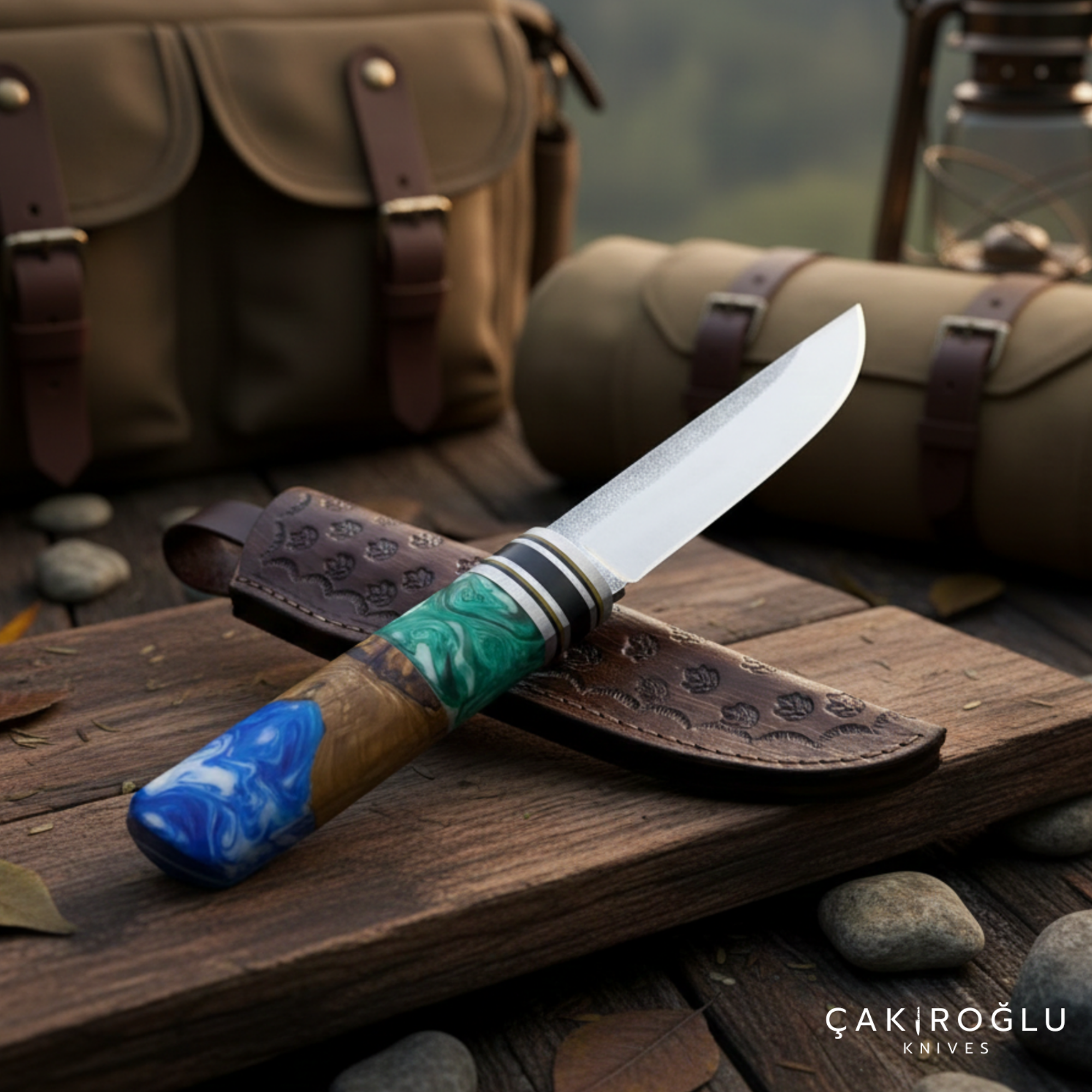 Handmade N690 Puukko Hunting Knife with Leather Sheath - Epoxy & Olive Wood Handle