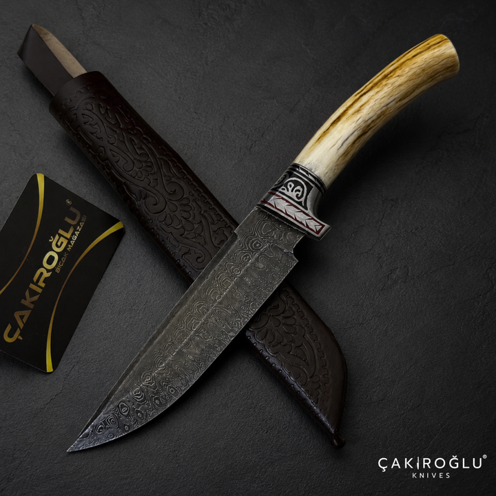 Handmade Damascus Custom Hunting Knife with Sheath - Deer Antler Handle