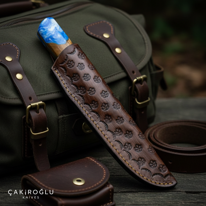 Handmade N690 Puukko Hunting Knife with Leather Sheath - Epoxy & Olive Wood Handle