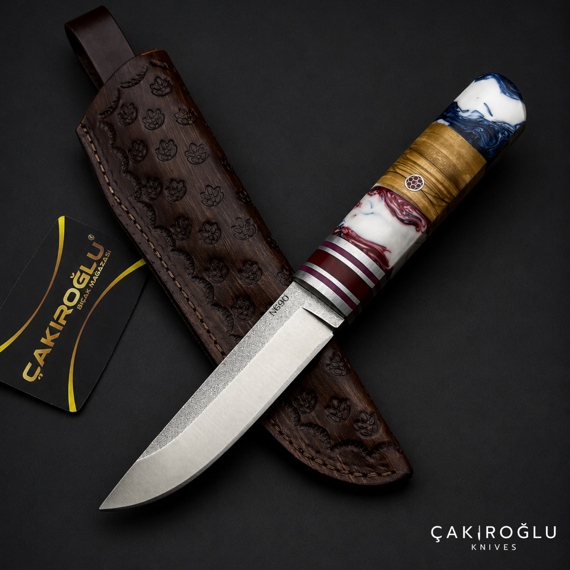 Handmade N690 Puukko Hunting Knife with Leather Sheath - Epoxy & Olive Wood Handle