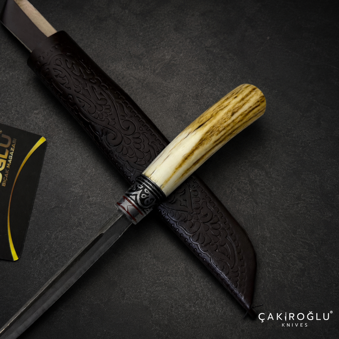 Handmade Damascus Custom Hunting Knife with Sheath - Deer Antler Handle