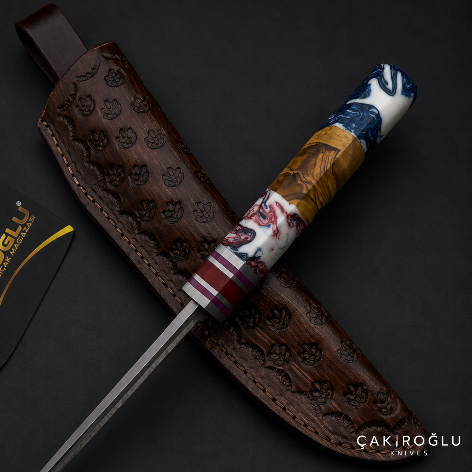 Handmade N690 Puukko Hunting Knife with Leather Sheath - Epoxy & Olive Wood Handle
