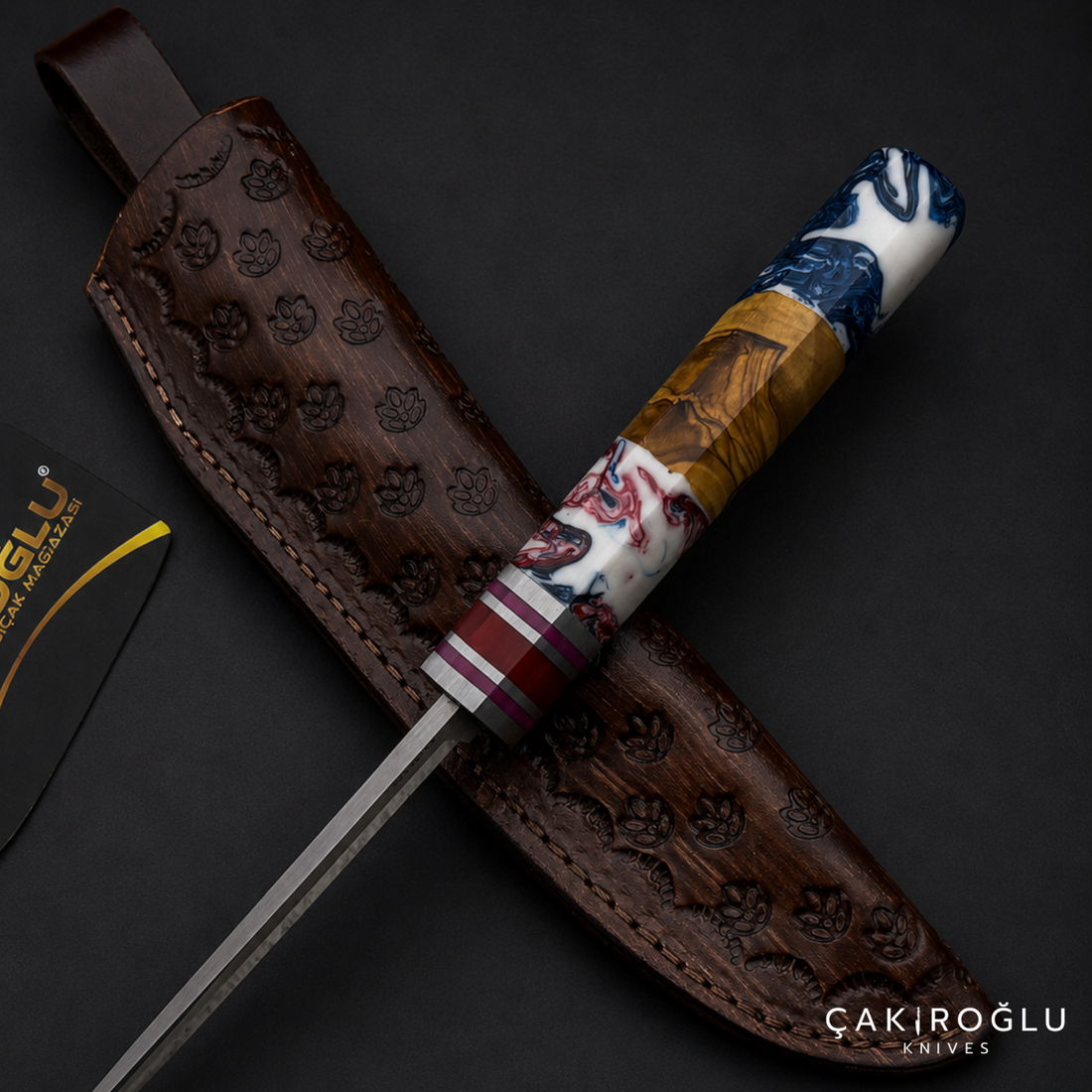 Handmade N690 Puukko Hunting Knife with Leather Sheath - Epoxy & Olive Wood Handle