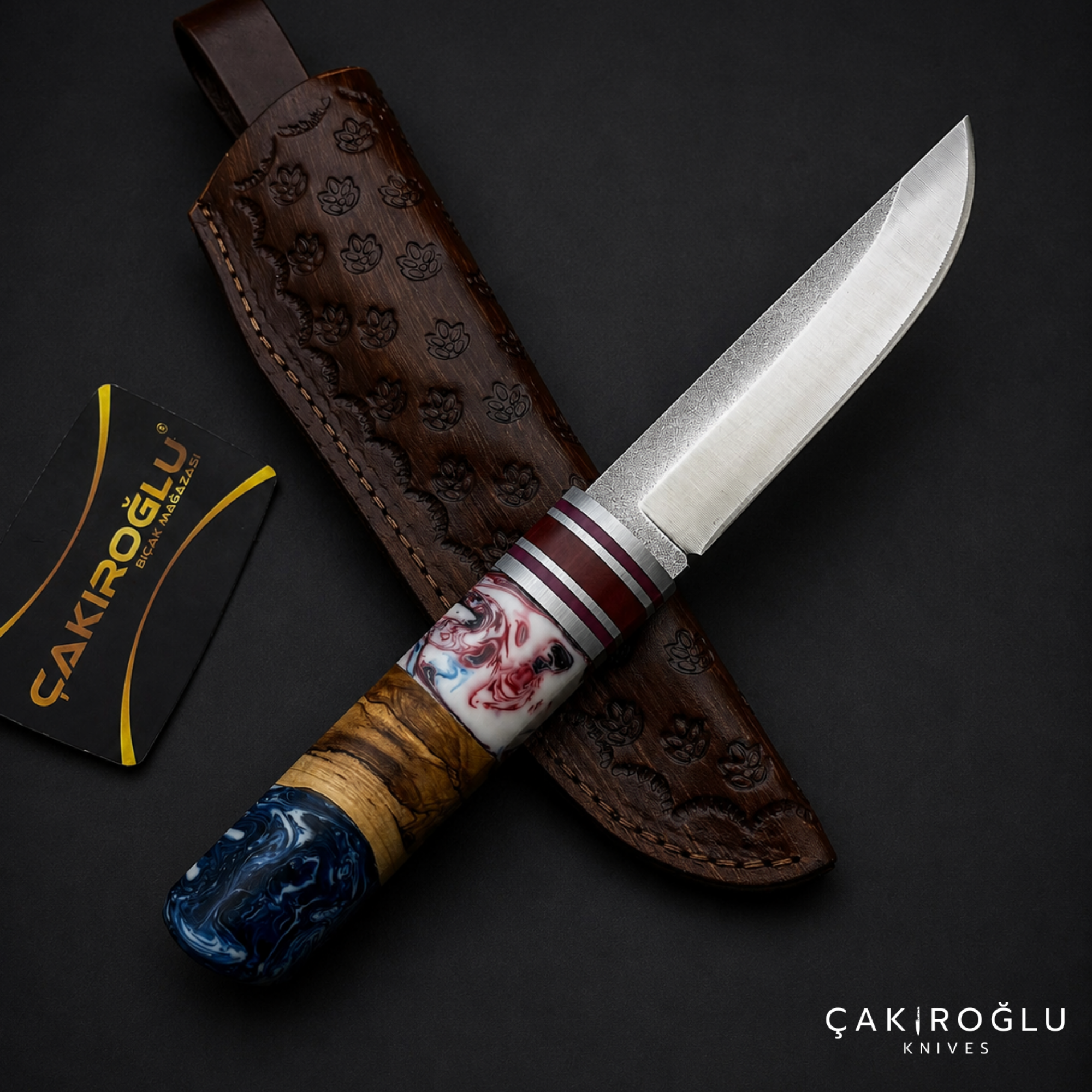 Handmade N690 Puukko Hunting Knife with Leather Sheath - Epoxy & Olive Wood Handle