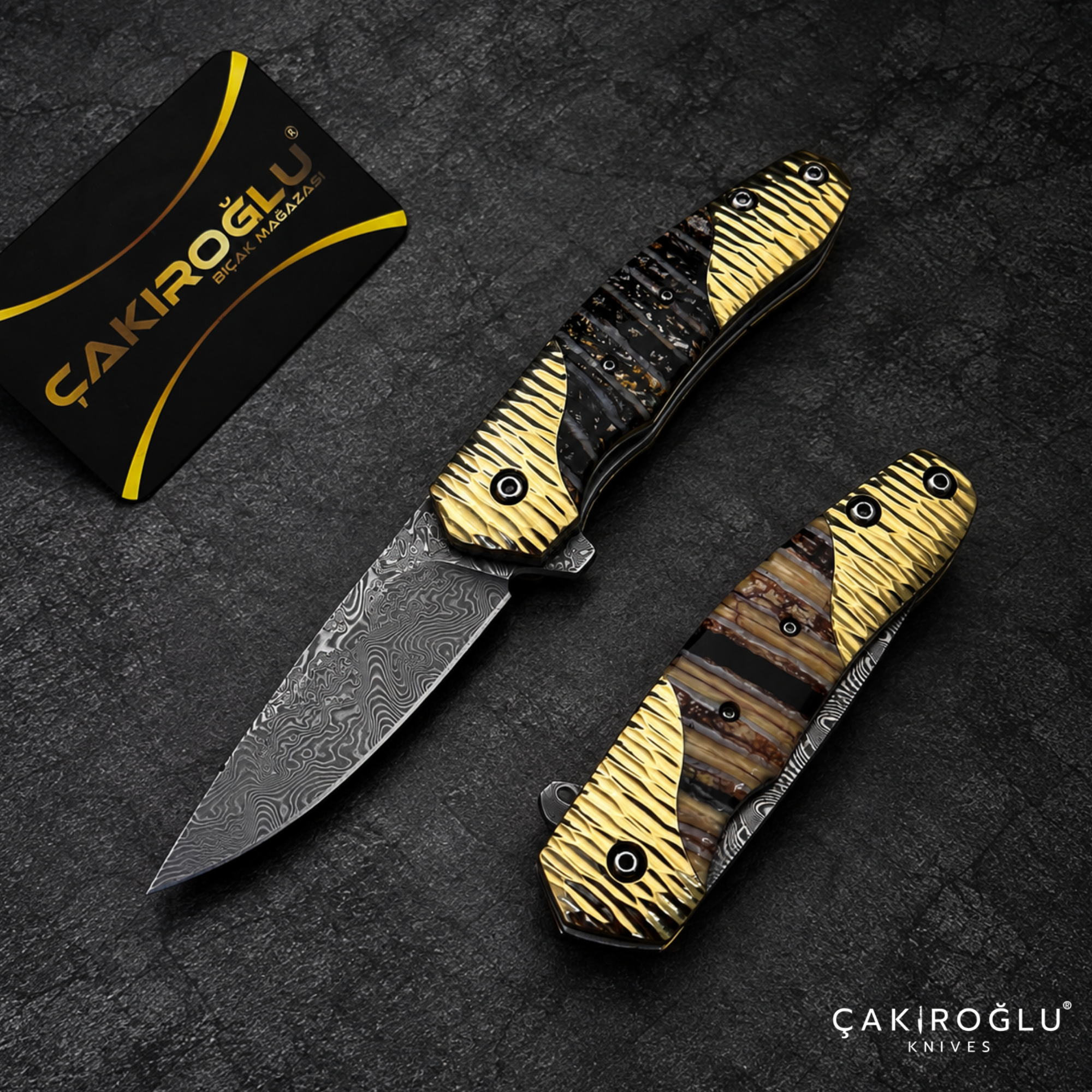 Limited Edition Stainless Damascus Steel Folding Knife with Mammoth Tusk Handle