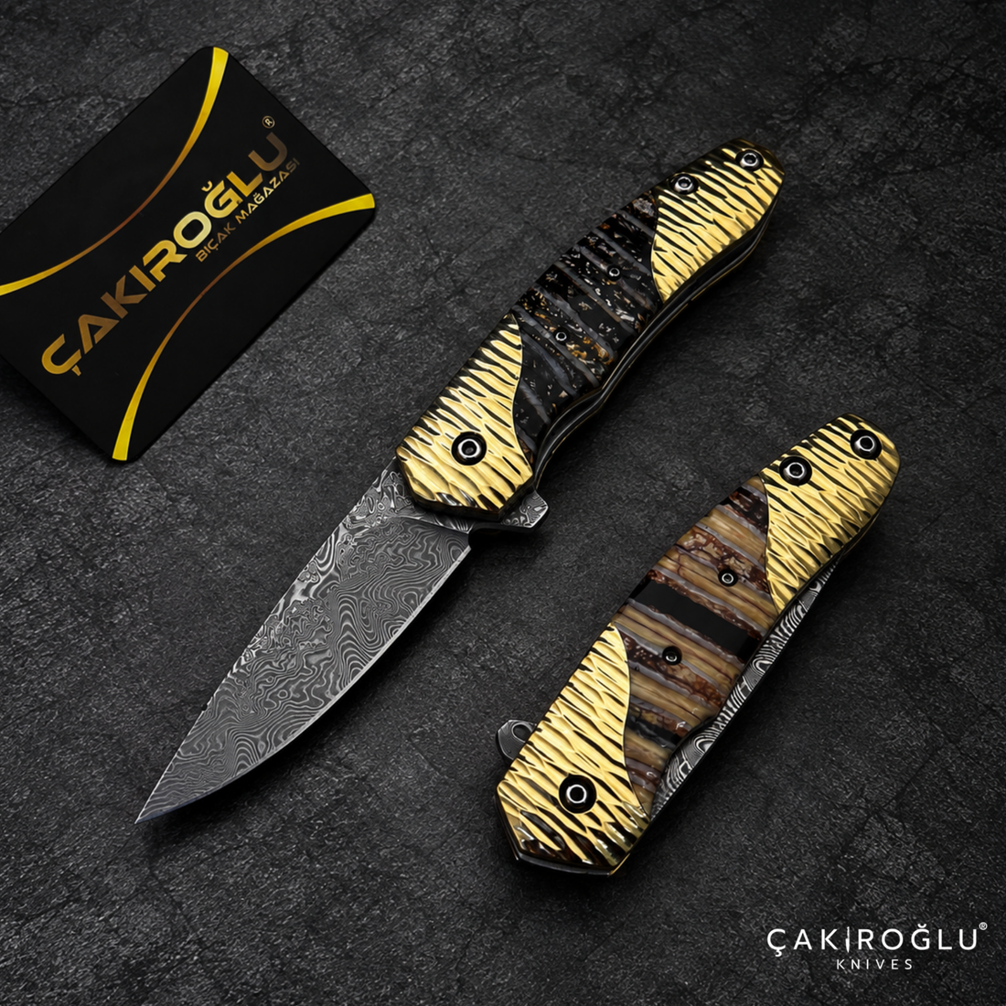 Limited Edition Stainless Damascus Steel Folding Knife with Mammoth Tusk Handle