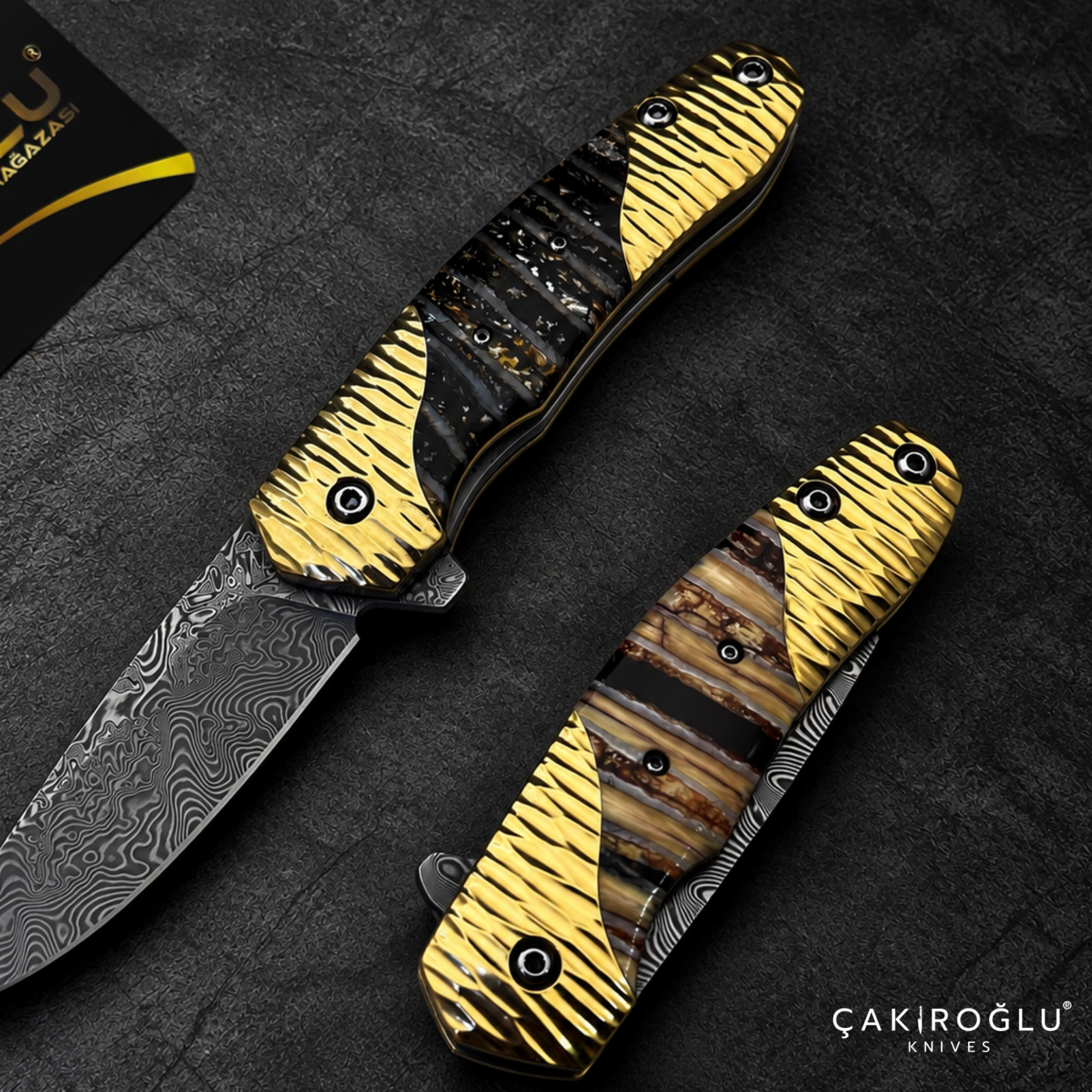 Limited Edition Stainless Damascus Steel Folding Knife with Mammoth Tusk Handle