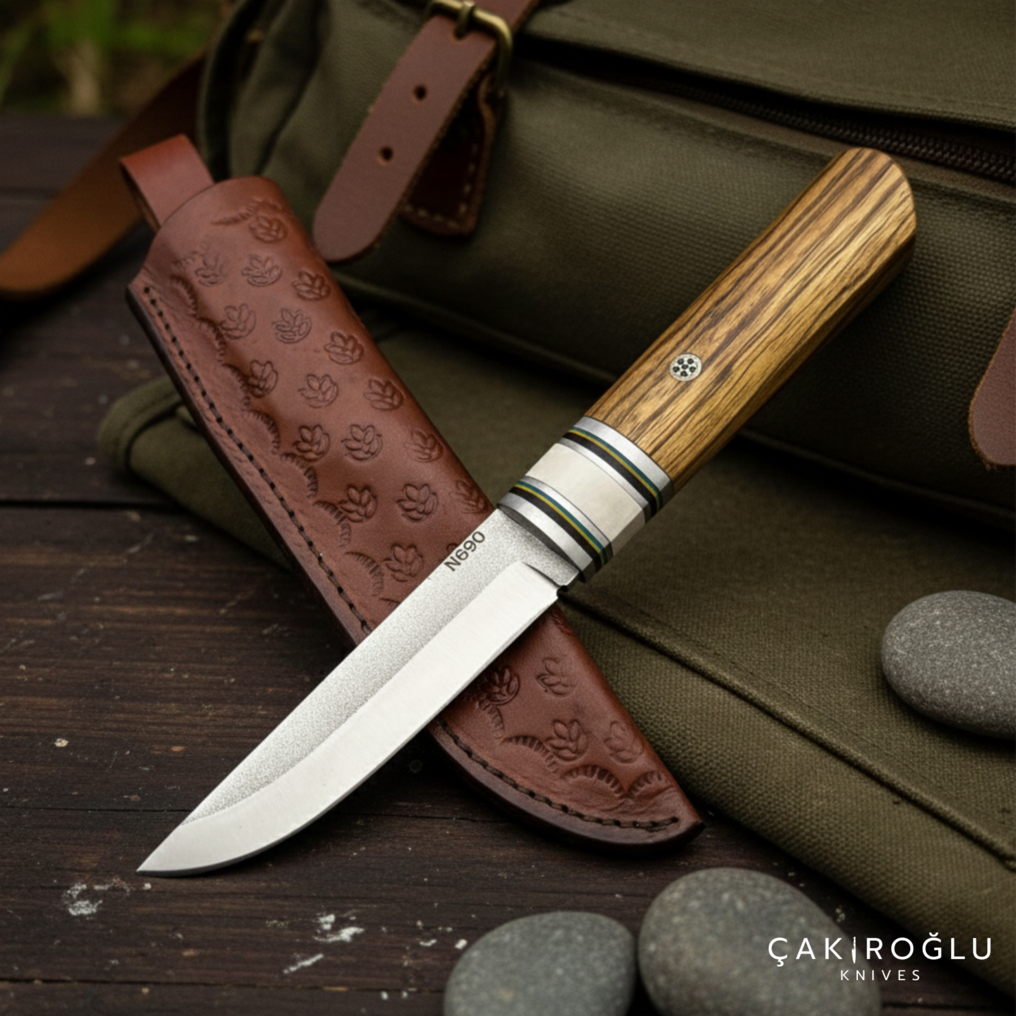 Handmade N690 Puukko Hunting Knife with Leather Sheath - Epoxy & Olive Wood Handle