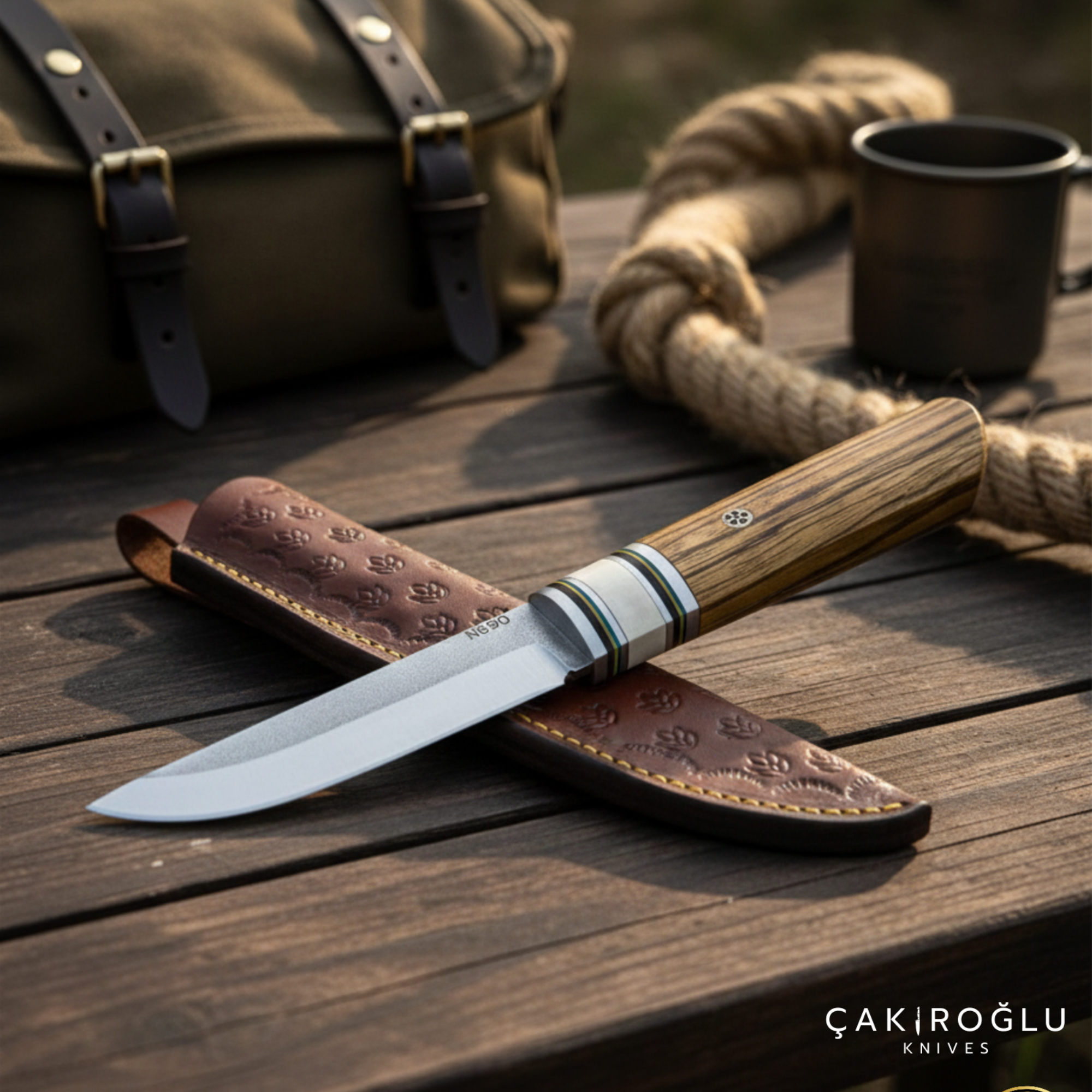 Handmade N690 Puukko Hunting Knife with Leather Sheath - Epoxy & Olive Wood Handle