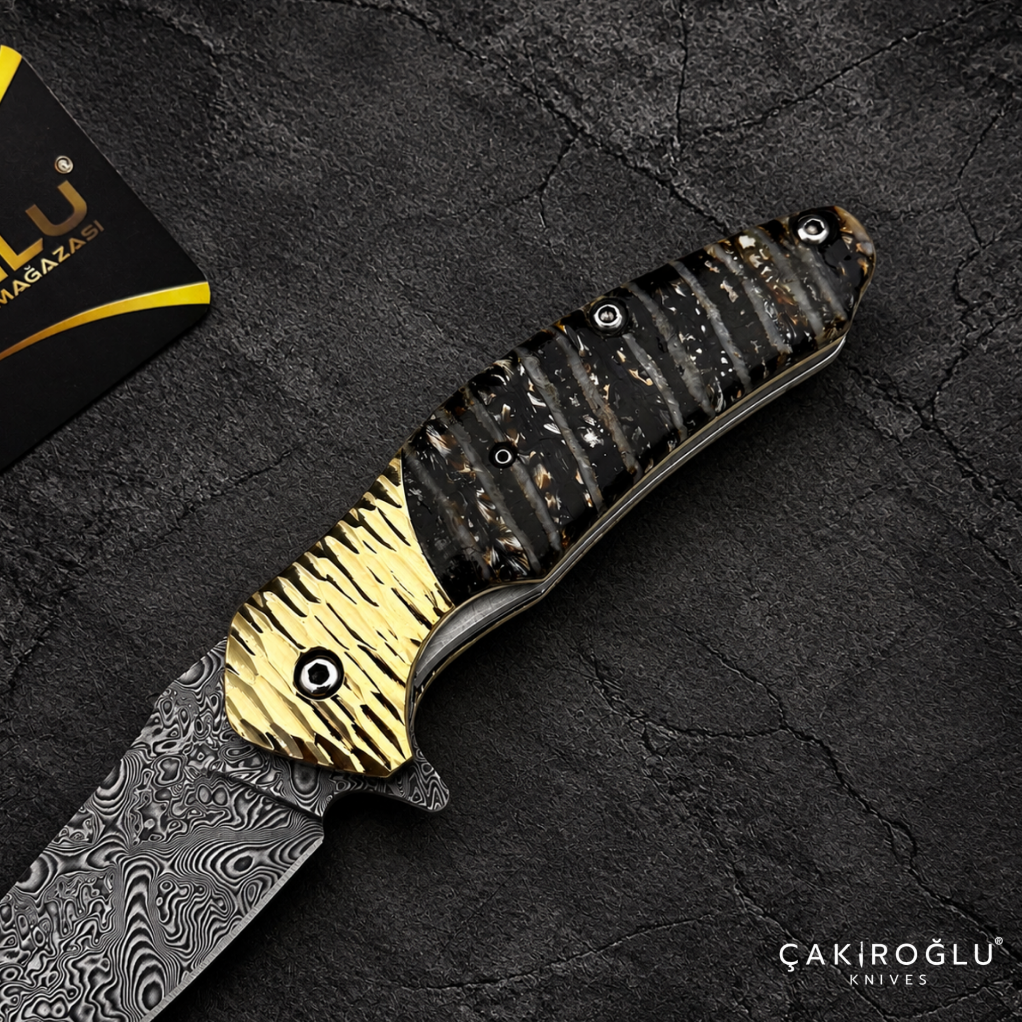 Limited Edition Stainless Damascus Steel Folding Knife with Mammoth Tusk Handle