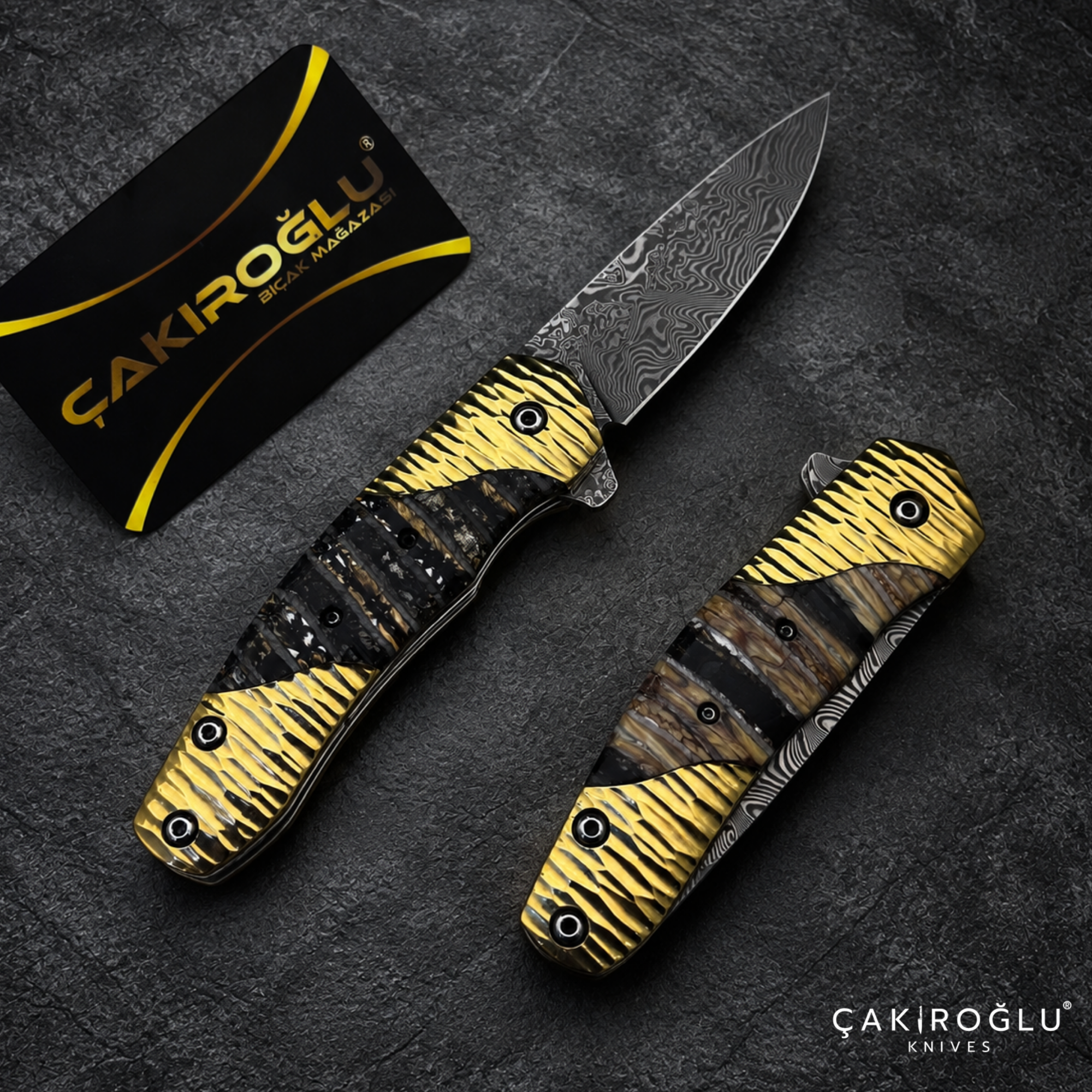 Limited Edition Stainless Damascus Steel Folding Knife with Mammoth Tusk Handle