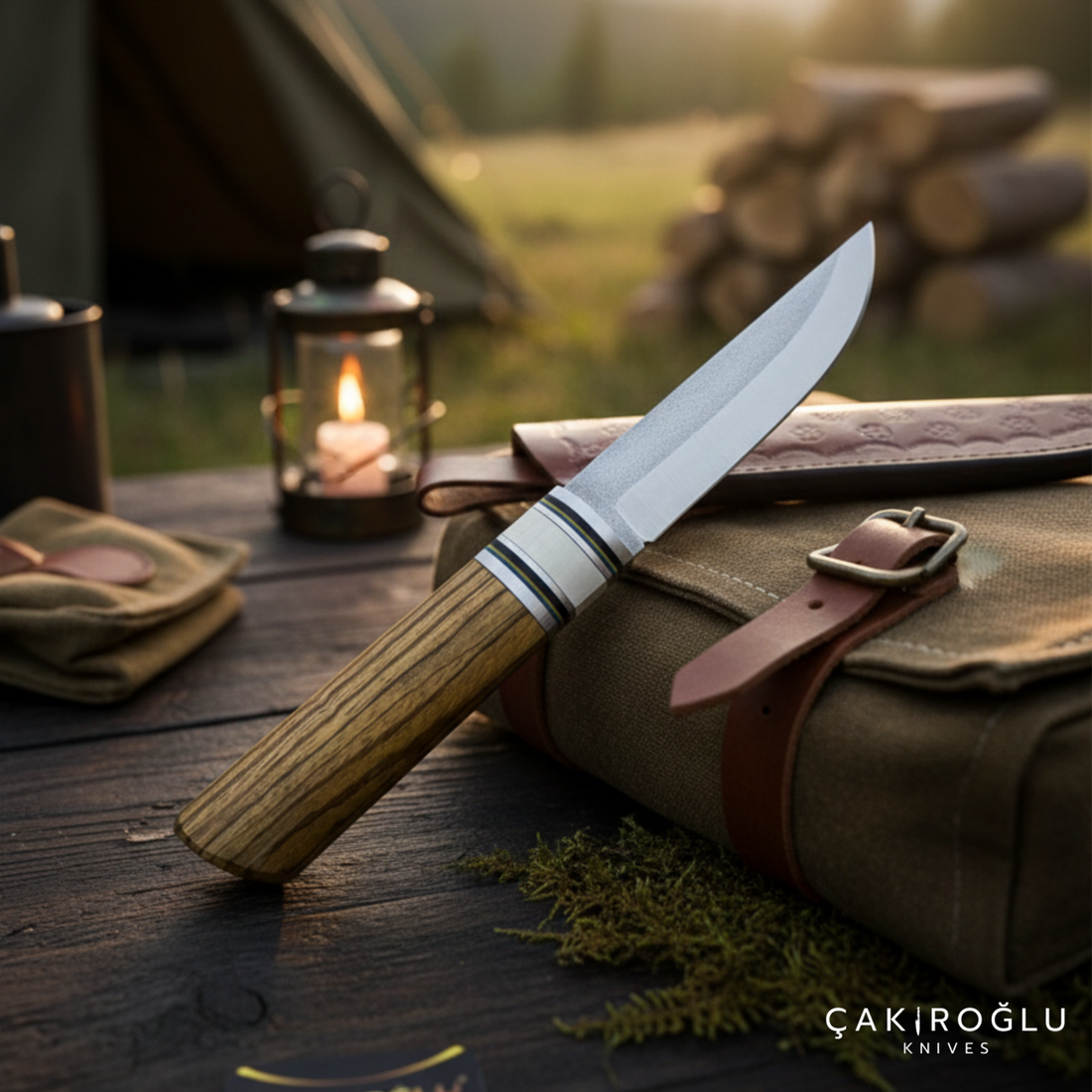 Handmade N690 Puukko Hunting Knife with Leather Sheath - Epoxy & Olive Wood Handle