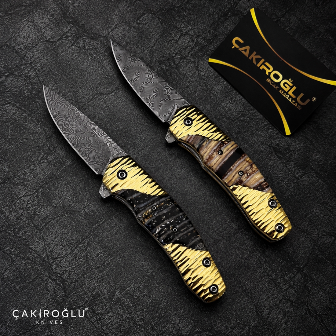 Limited Edition Stainless Damascus Steel Folding Knife with Mammoth Tusk Handle