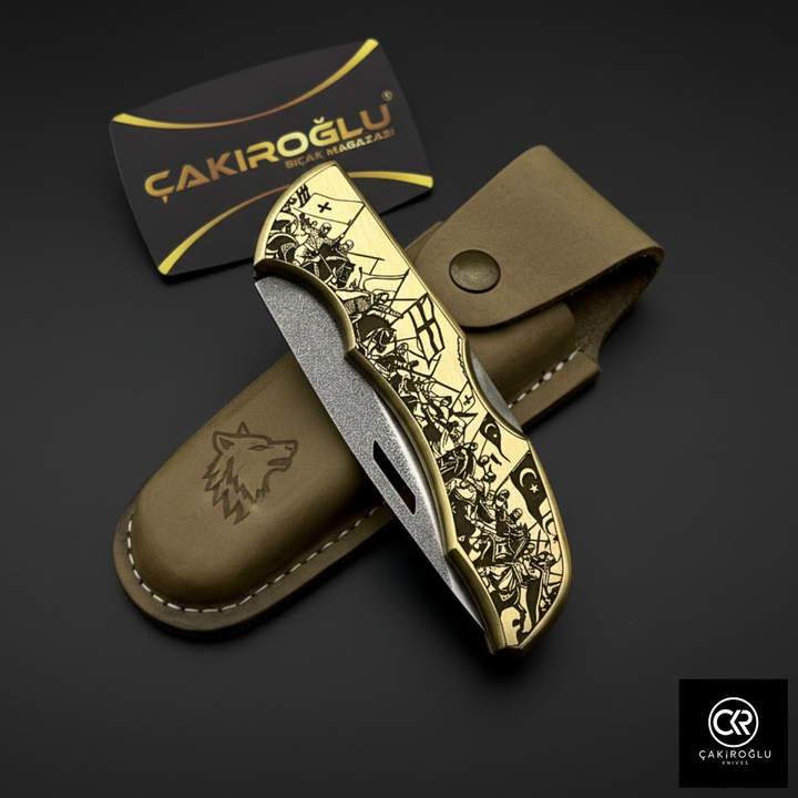 Showy Series - Ottoman War Design Engraved Brass Handle Folding Knife