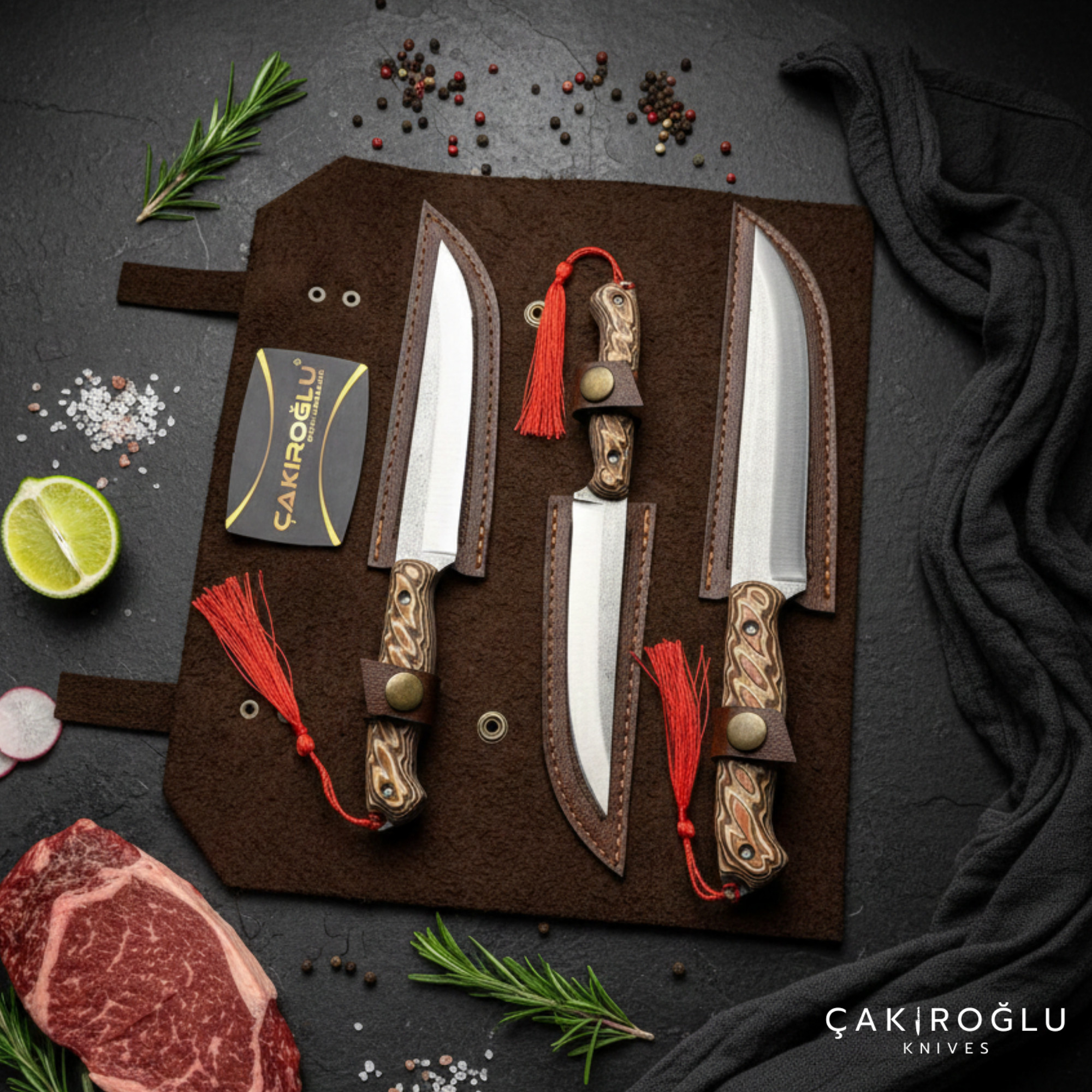 3-Piece N690 Steel Handmade Kitchen Knife Set with Sheath