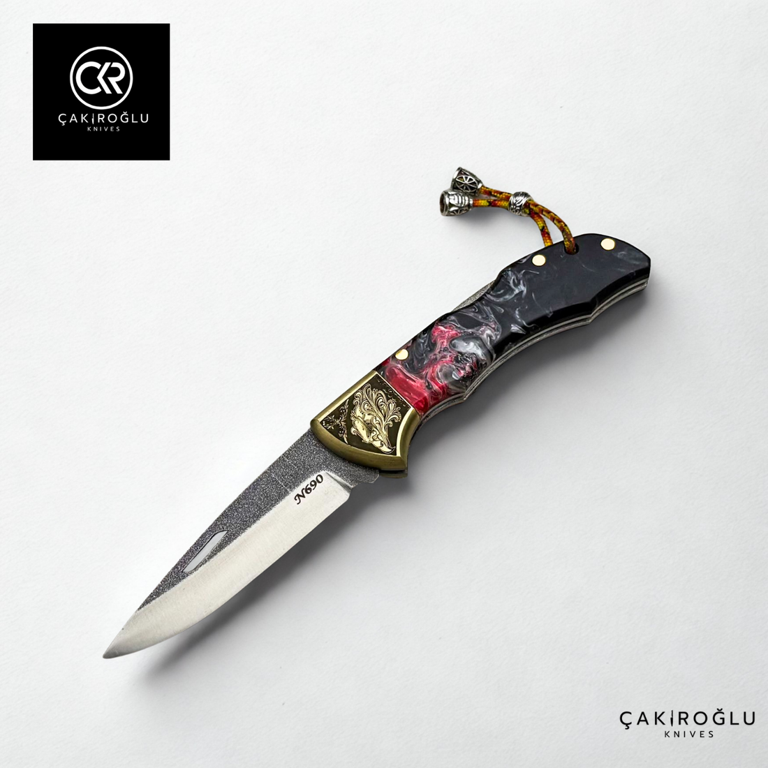 Showy Elite Epoxy Version Handcrafted Custom Folding Knife - N690 Böhler Steel & Engraved Brass Apron