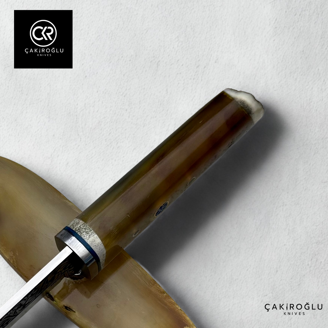 Custom Engraved Knife with Bone Stand - Bone (Ram Horn) Handle