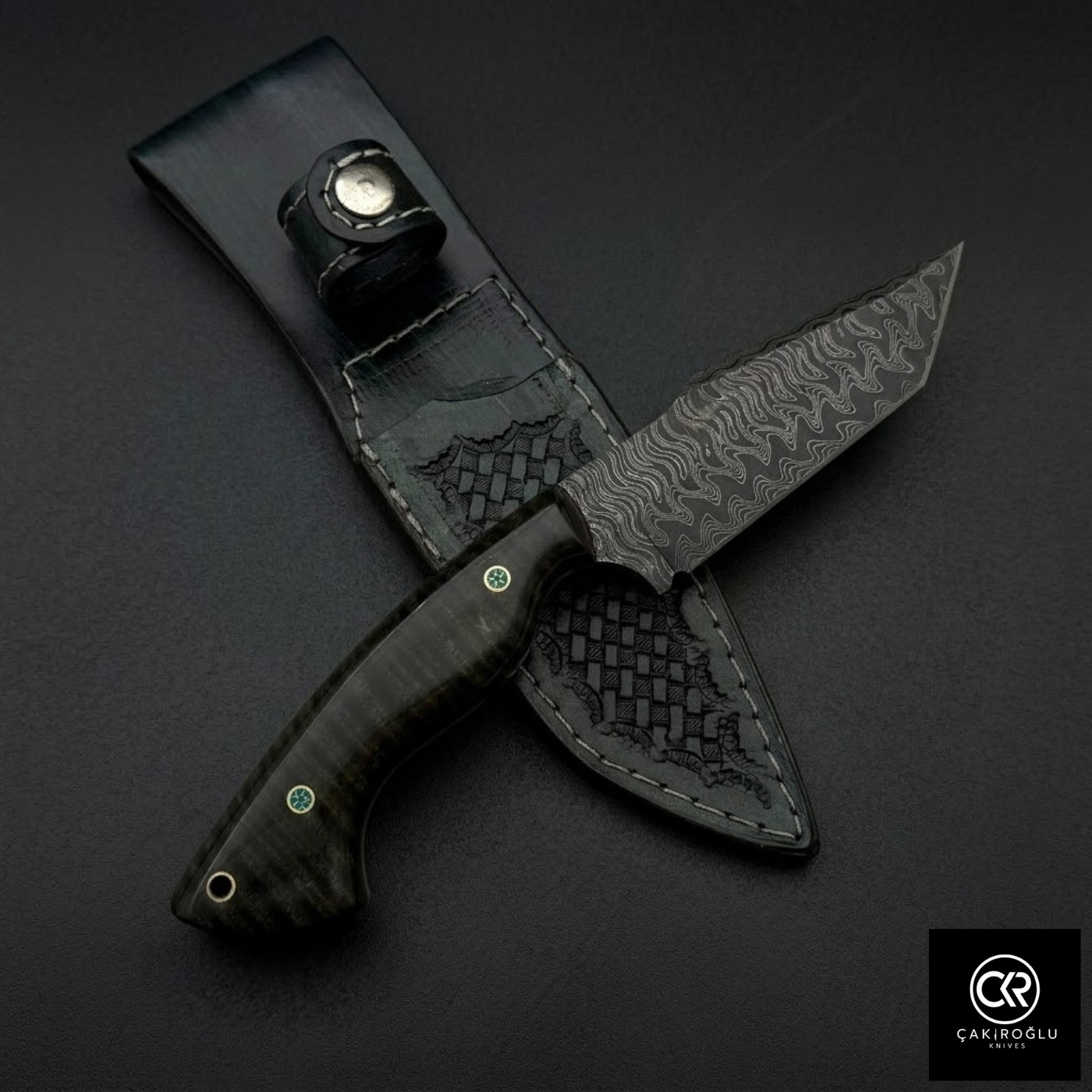Çakıroğlu Handmade Custom-made Damascus Steel & Stabilized Tulipwood Handle Tanto Model Hunting Knife