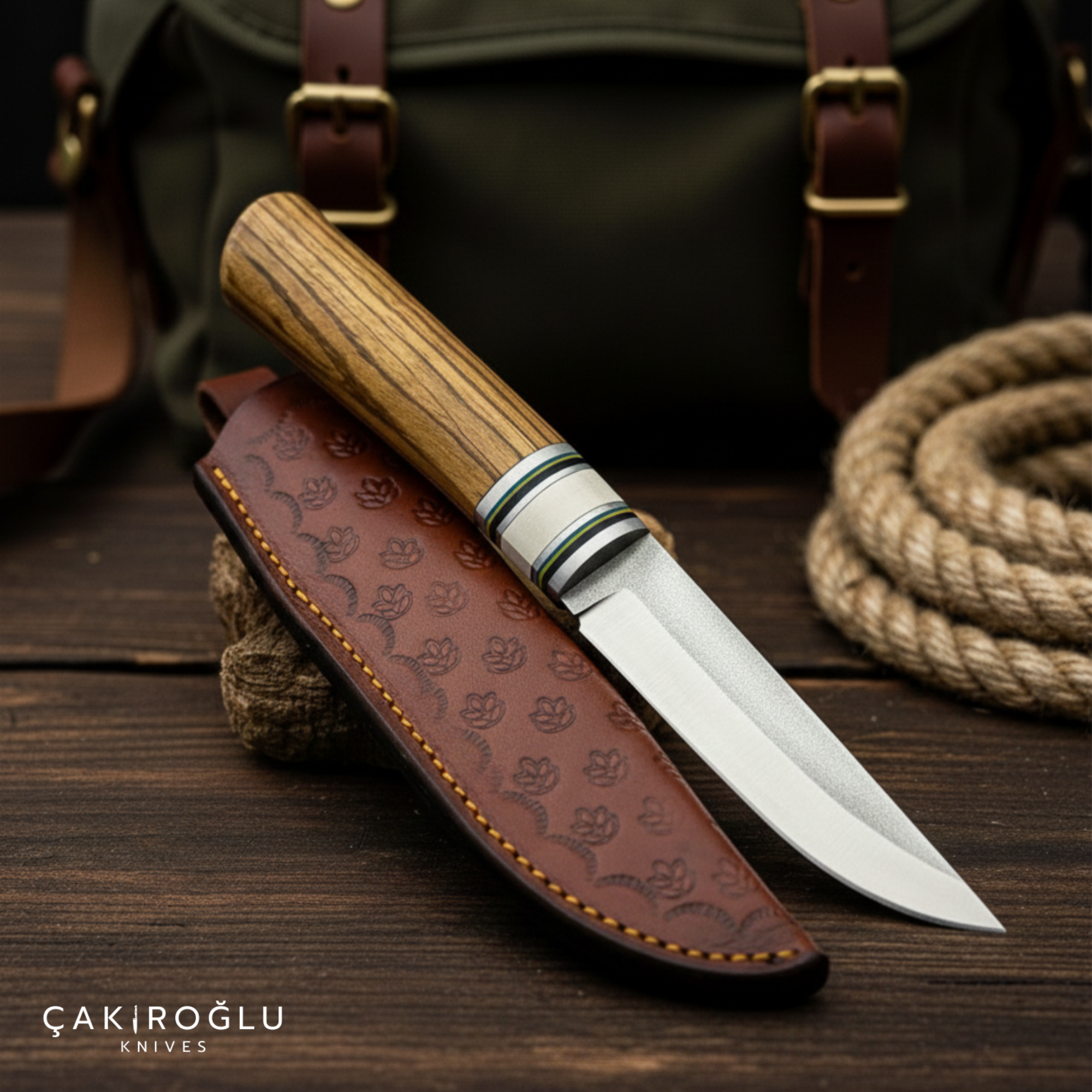 Handmade N690 Puukko Hunting Knife with Leather Sheath - Epoxy & Olive Wood Handle
