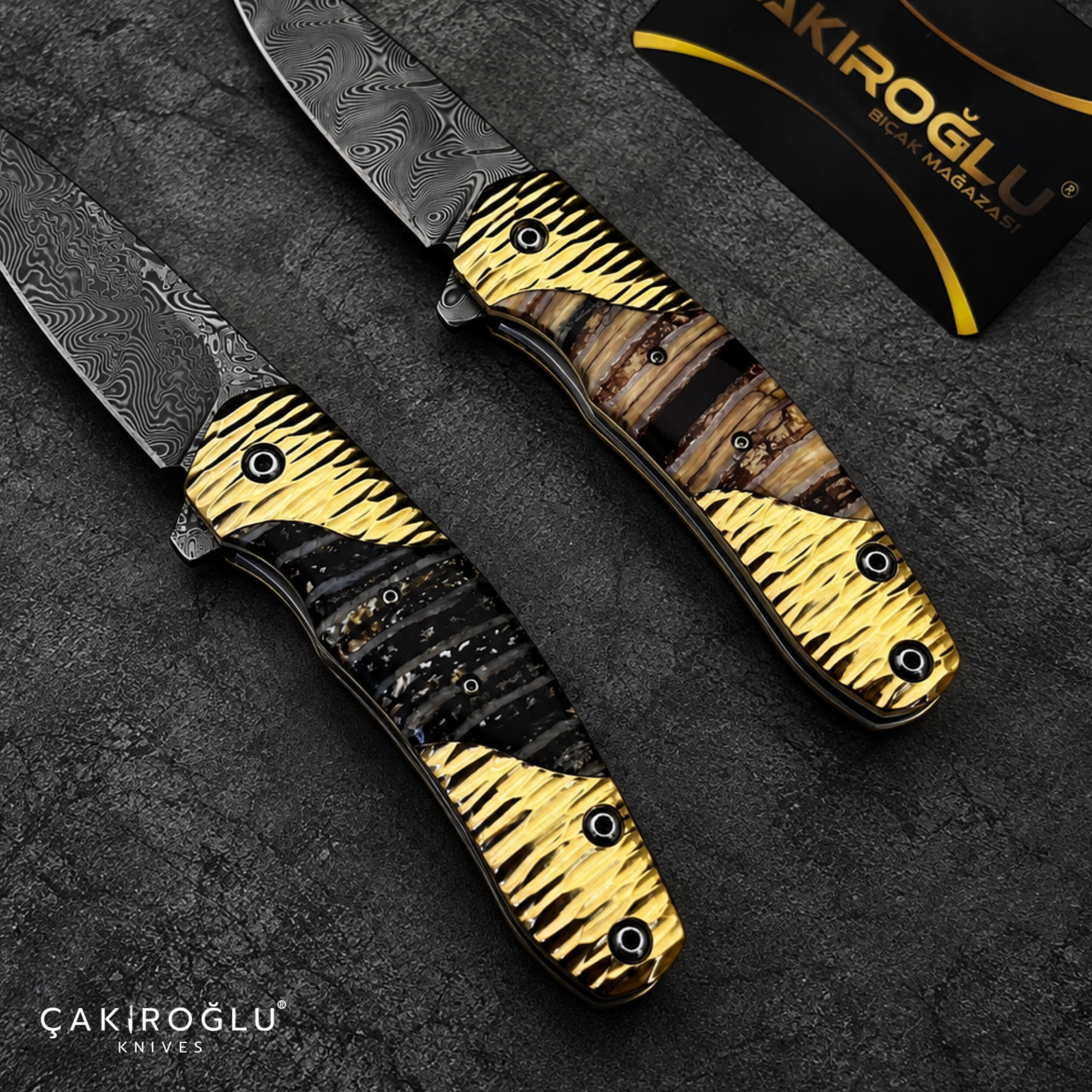 Limited Edition Stainless Damascus Steel Folding Knife with Mammoth Tusk Handle