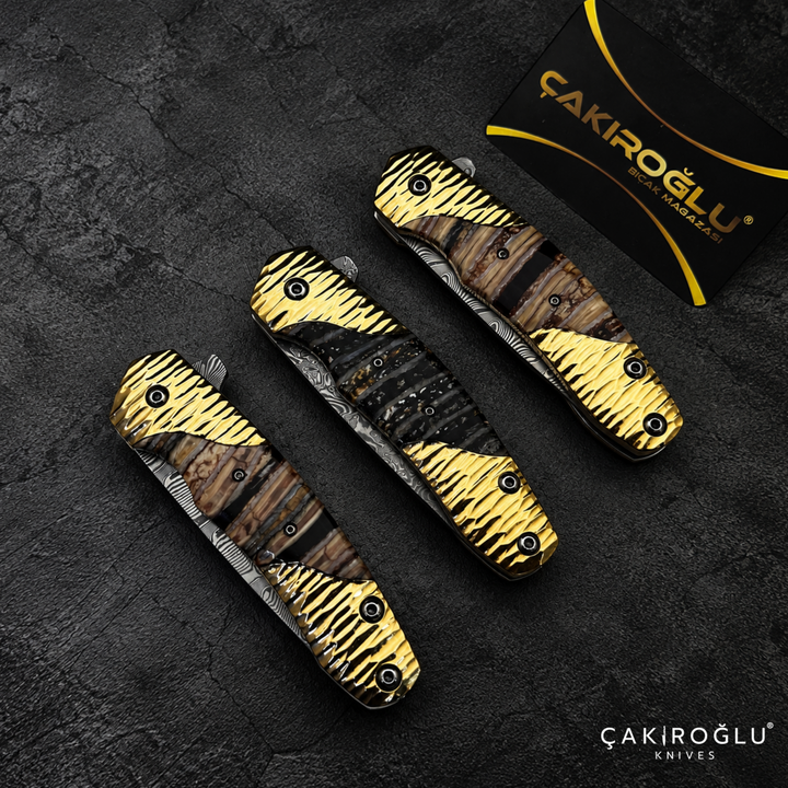 Limited Edition Stainless Damascus Steel Folding Knife with Mammoth Tusk Handle