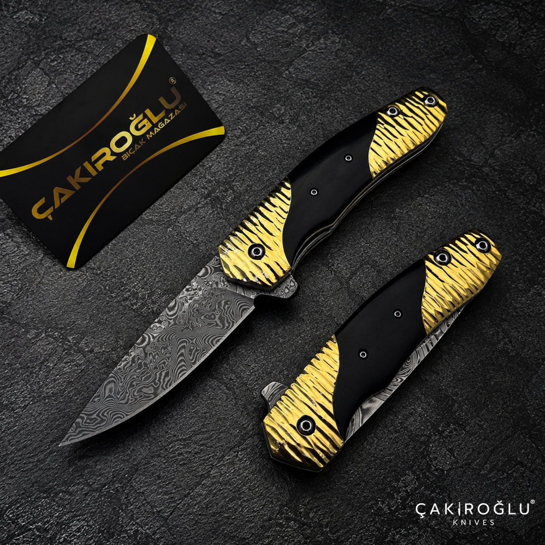 Limited Edition Stainless Damascus Steel Folding Knife with Ebony Handle