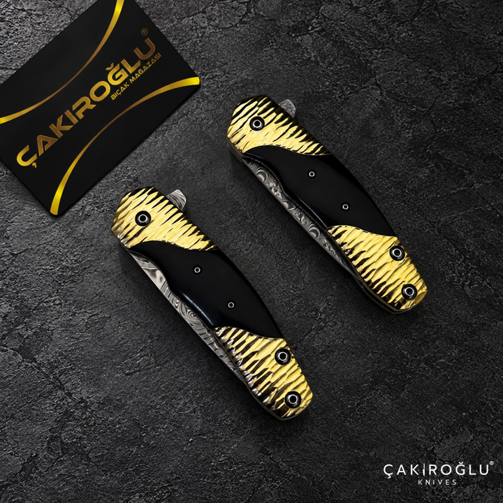 Limited Edition Stainless Damascus Steel Folding Knife with Ebony Handle