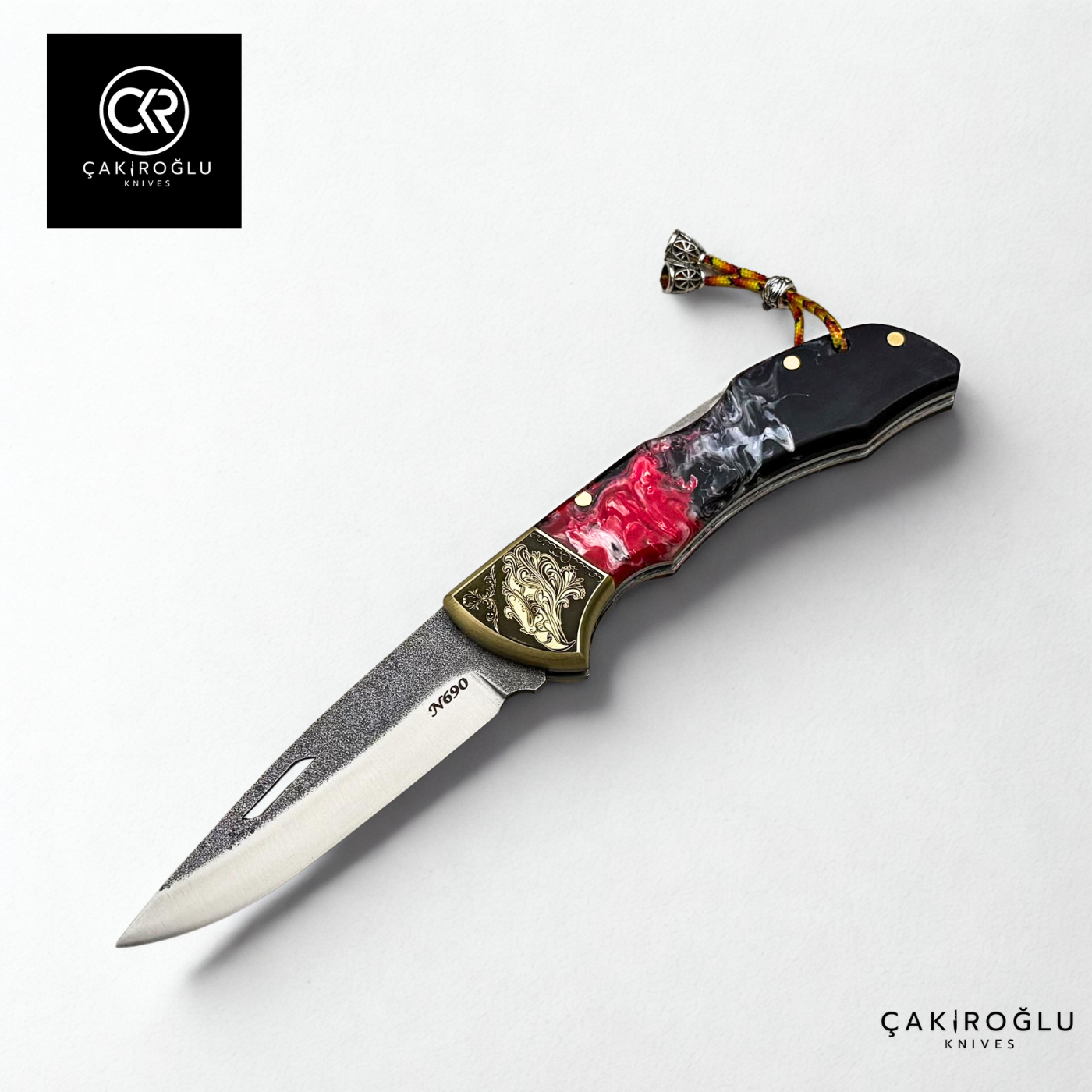 Showy Elite Epoxy Version Handcrafted Custom Folding Knife - N690 Böhler Steel & Engraved Brass Apron